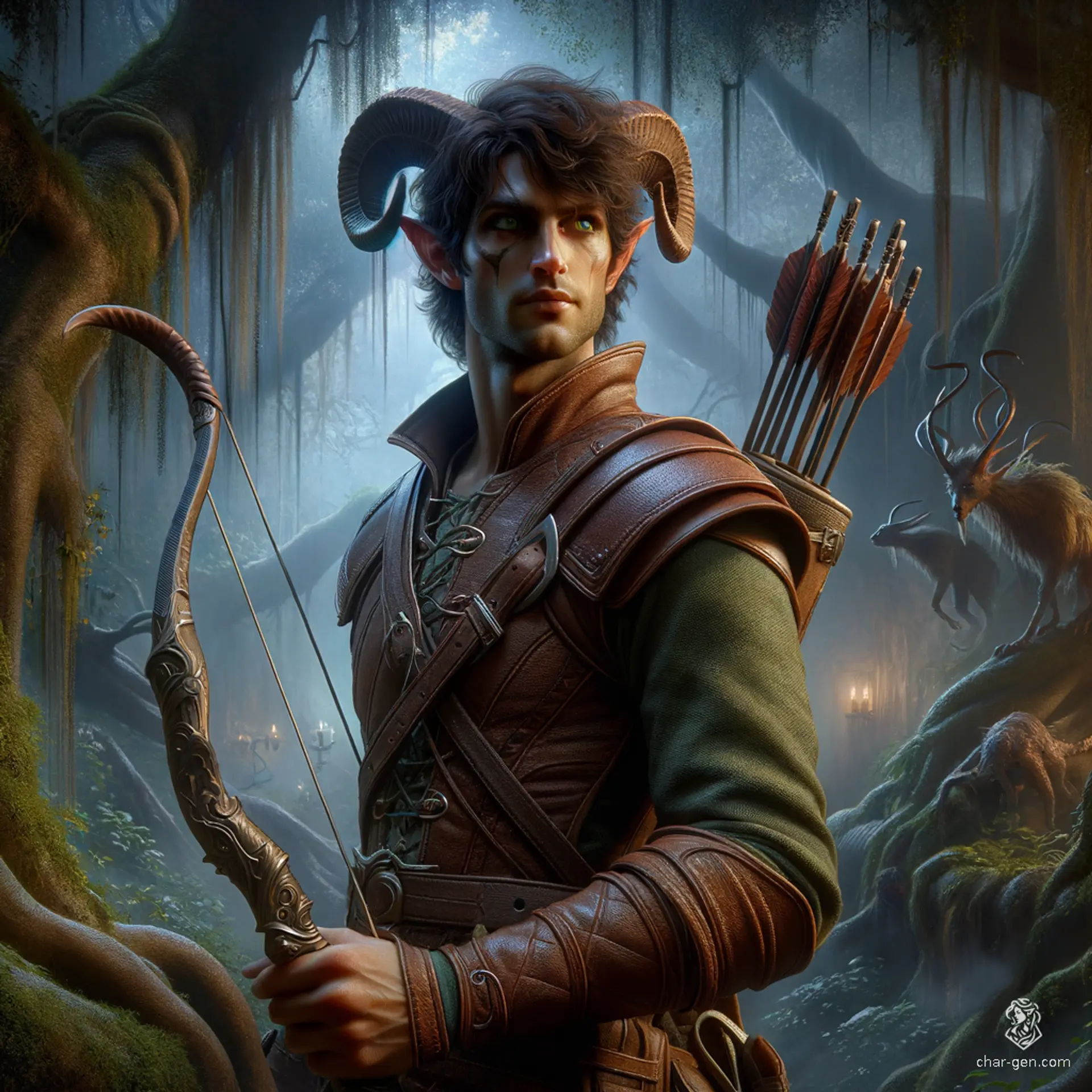 A male satyr rogue, this dark ranger moves unseen through the shadows, wrapped in intricately detailed leather armor. With a keen eye and a strong grip on his ornate rapier, he blends stealth and nimbleness, relying on his wisdom over brute intelligence to navigate the underbelly of society.