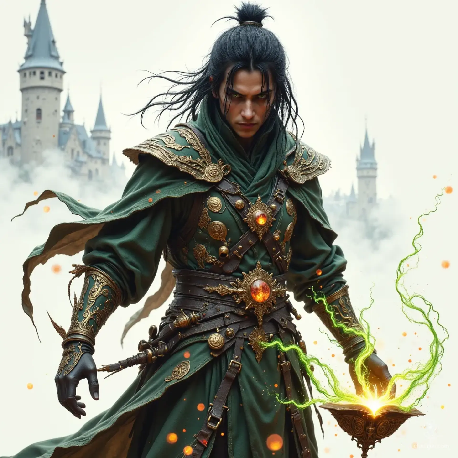 Kaito Ketsueki, a charming and nimble warlock of Japanese descent, stands at 170 cm with jet-black hair and striking green eyes. Clad in intricately detailed leather armor, he wields psychic powers and eldritch blasts. Once a tomb-raider, Kaito now communes with his Great Old One through a mystical tome.