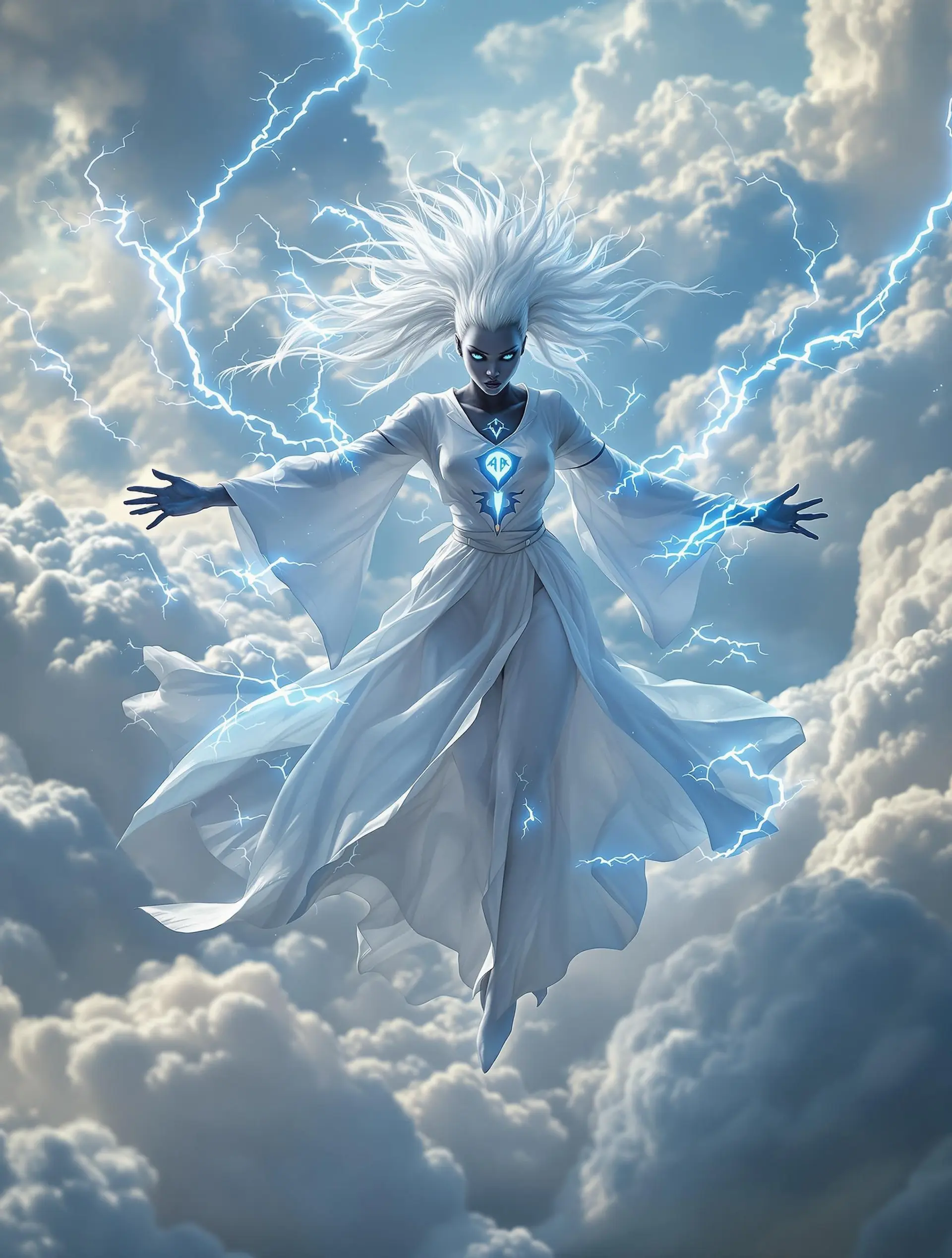 Amidst swirling blue lightning, a young Drow sorceress hovers dramatically in mid-air, arms wide open. Her jet-black skin and striking white mohawk radiate power in elegant, glowing blue sigils across her flowing white robes, embodying the essence of magic in a tempestuous gale.