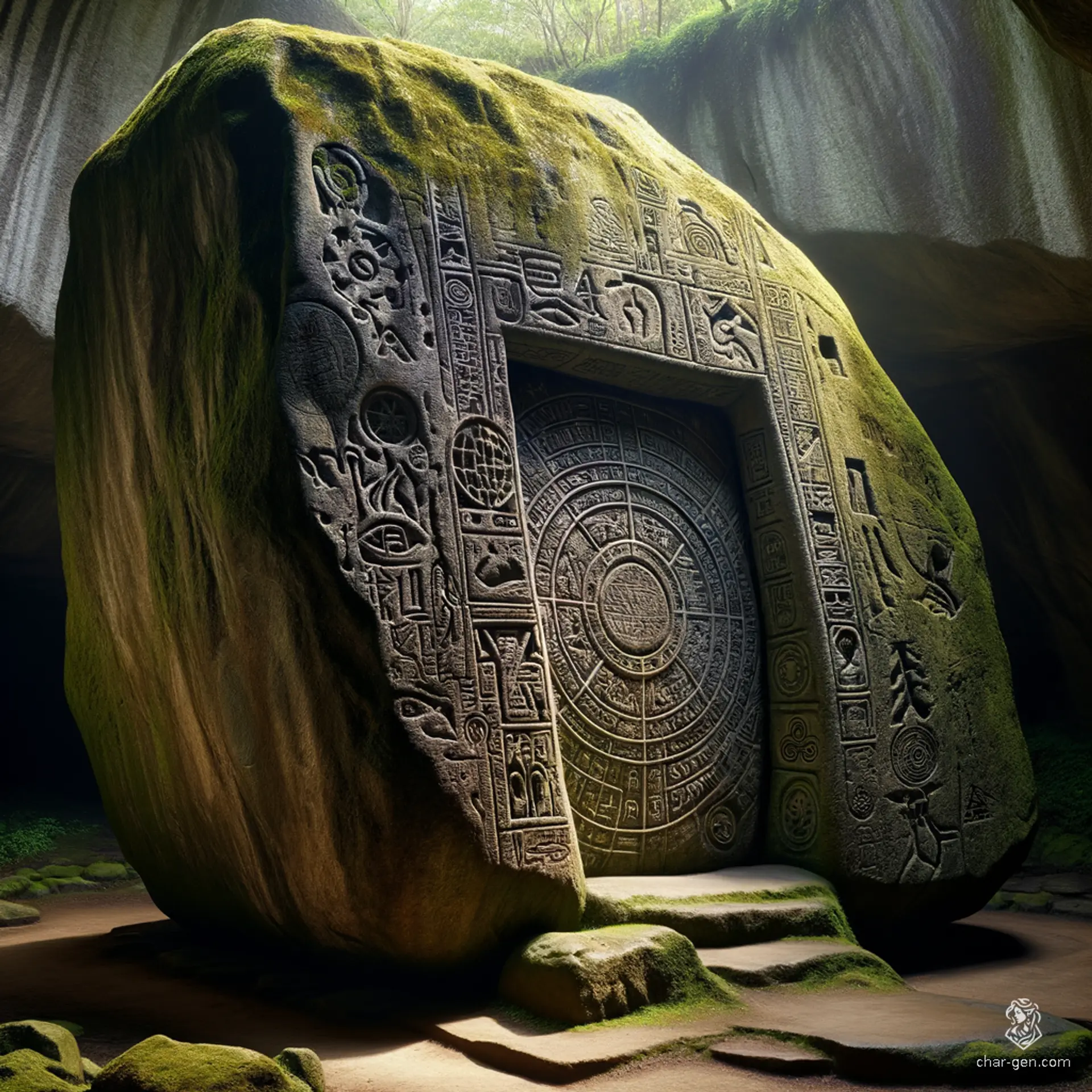 A colossal rock, weathered by time, looms majestically, adorned with ancient arcane inscriptions that shimmer in the twilight. The towering monolith stands as a gateway to hidden realms, its surface pulsing with an otherworldly energy, inviting explorers to uncover the secrets etched in its stone facade.