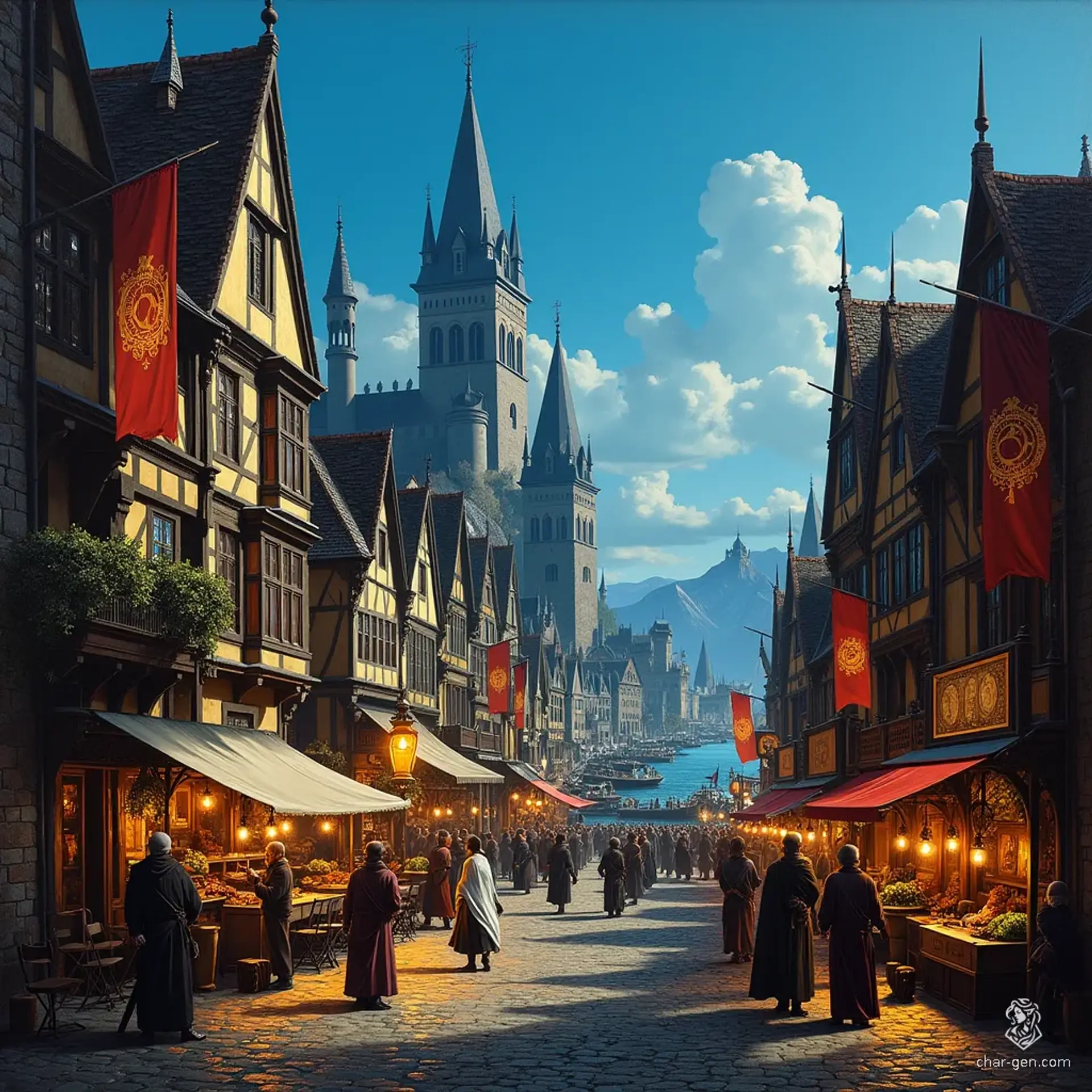 Nestled within a formidable crescent of towering peaks, Mulmaster boasts winding streets that cascade toward its vibrant harbor. The bustling port, adorned with colorful banners and lively market stalls, is bathed in dramatic light, revealing intricate details and rich textures amidst a backdrop of towering spires and distant castles.