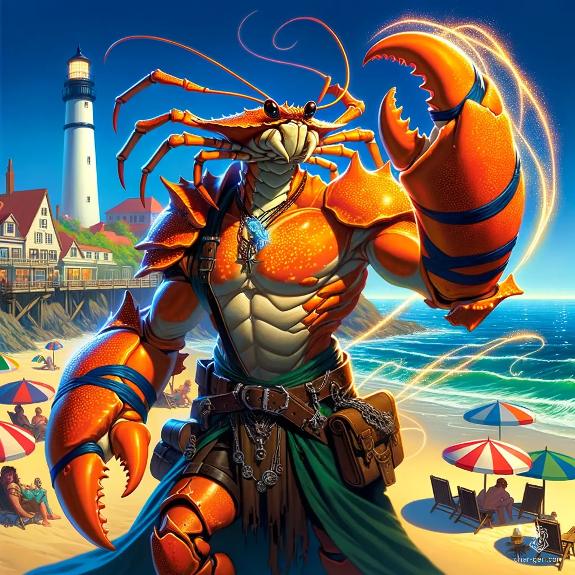 A wild and rugged barbarian, this male crustacean-like humanoid boasts orange-hued skin and a tough carapace. With a bald, ellipsoid head crowned by two small antennae, he wields massive crab-like claws and moves with the grace of a beast, his vestigial crayfish limbs accentuating his formidable presence.