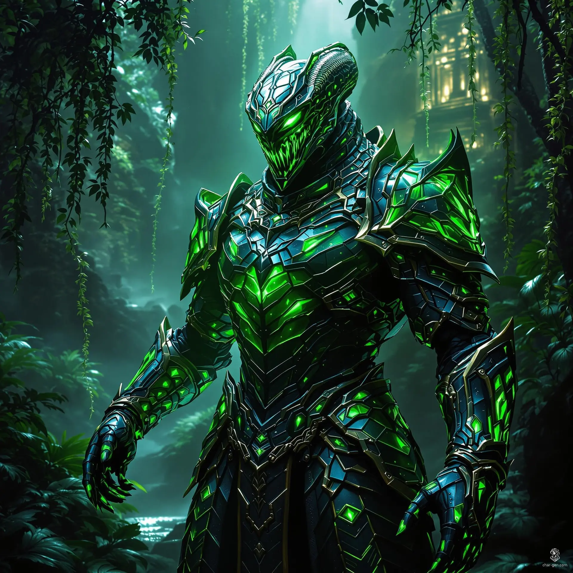 Behold the Armor of the Snake Lord, an ancient relic of serpent magic. Crafted from gleaming emerald and obsidian scales, this sleek suit vibrates with venomous enchantments. Its serpent-inspired design grants the wearer unparalleled agility and stealth, while the glowing eyes of the helm instill terror in foes and awe in allies.
