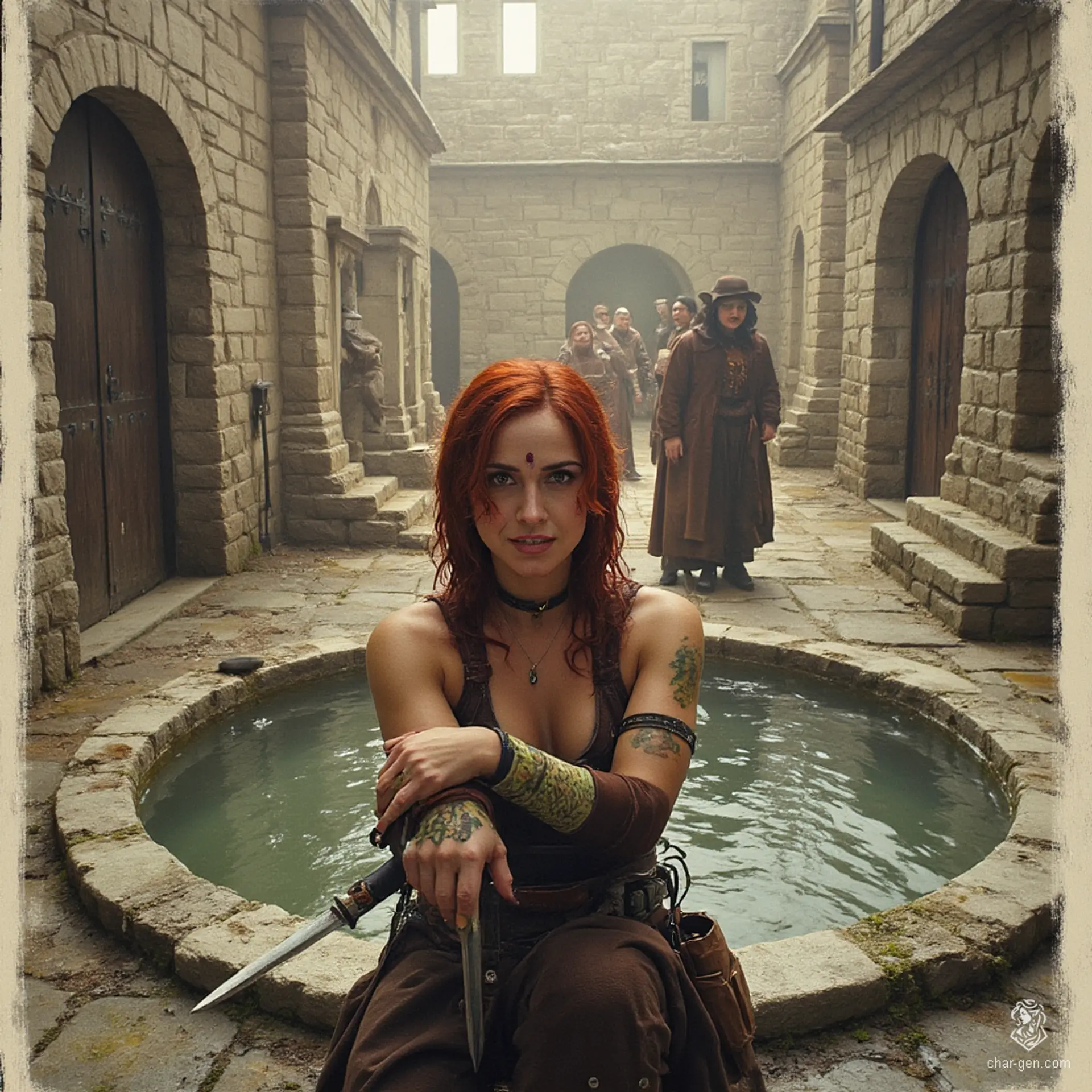 Izzy, a newly emancipated halfling assassin, blends lithe grace with lethal precision. Her medium-toned skin, adorned with shimmering green scales, contrasts her pale skin. With solid yellow-green eyes and mischievous half-smile, she lurks in the shadows, poised for her next target. A master of stealth, danger, and cunning joy await.