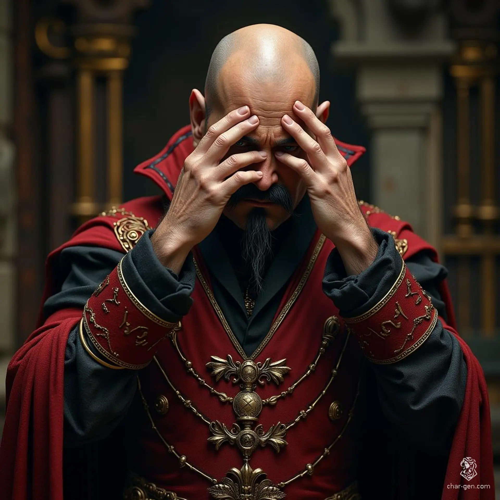 Alaric the Wary, a 40-year-old sorcerer, exudes an air of opulence in his richly adorned vests. His bald head and sharp features, accentuated by black pointed moustaches and a goatee, convey both wisdom and worry as he shields his troubled eyes with trembling hands.