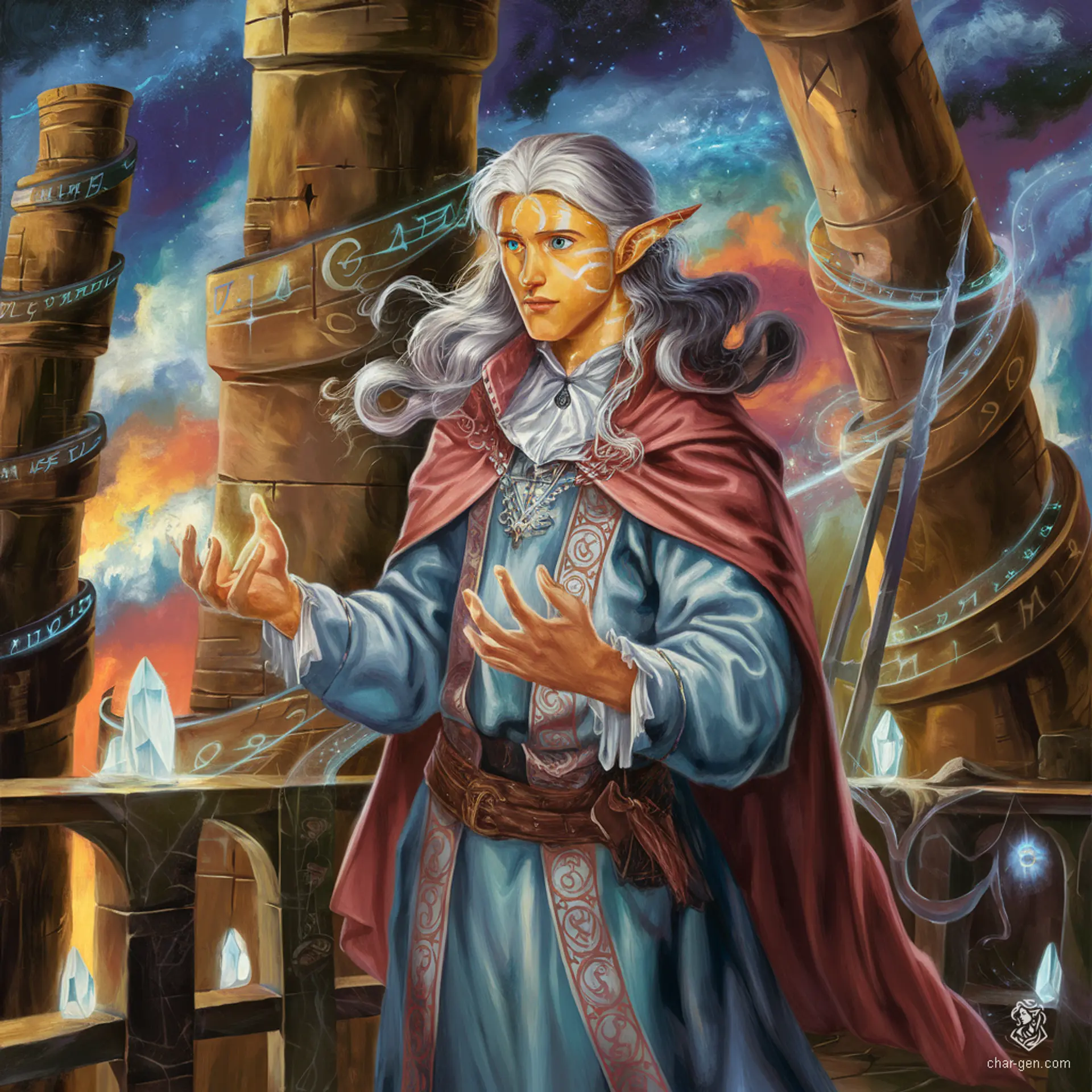 Ren Pendrix, a young male wizard in his mid-20s, embodies an aura of scholarly power. With long, flowy brown hair and stubble gracing his chin, his blue-glowing eyes reveal a celestial connection. Surrounded by rifts of time, he navigates the arcane with precision, merging knowledge and magic as a Lawful Good Lorehold student.
