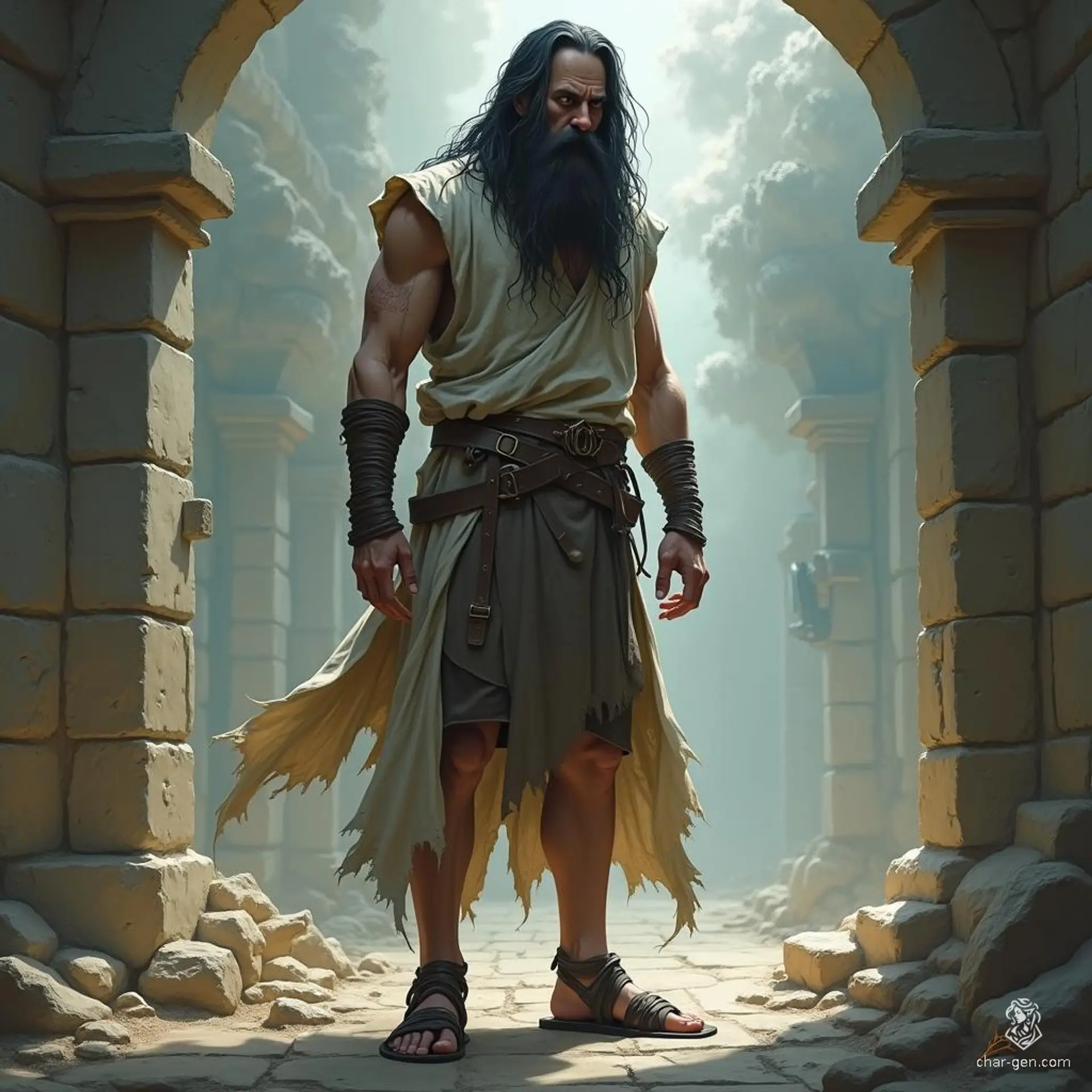 A tall, ragged prisoner, with long black hair and an angry expression, embodies a haunting ethereal presence. Clad in tattered garb and leather sandals, he carries an air of majestic defiance amidst a dreamlike, celestial landscape, capturing the very essence of epic fantasy.