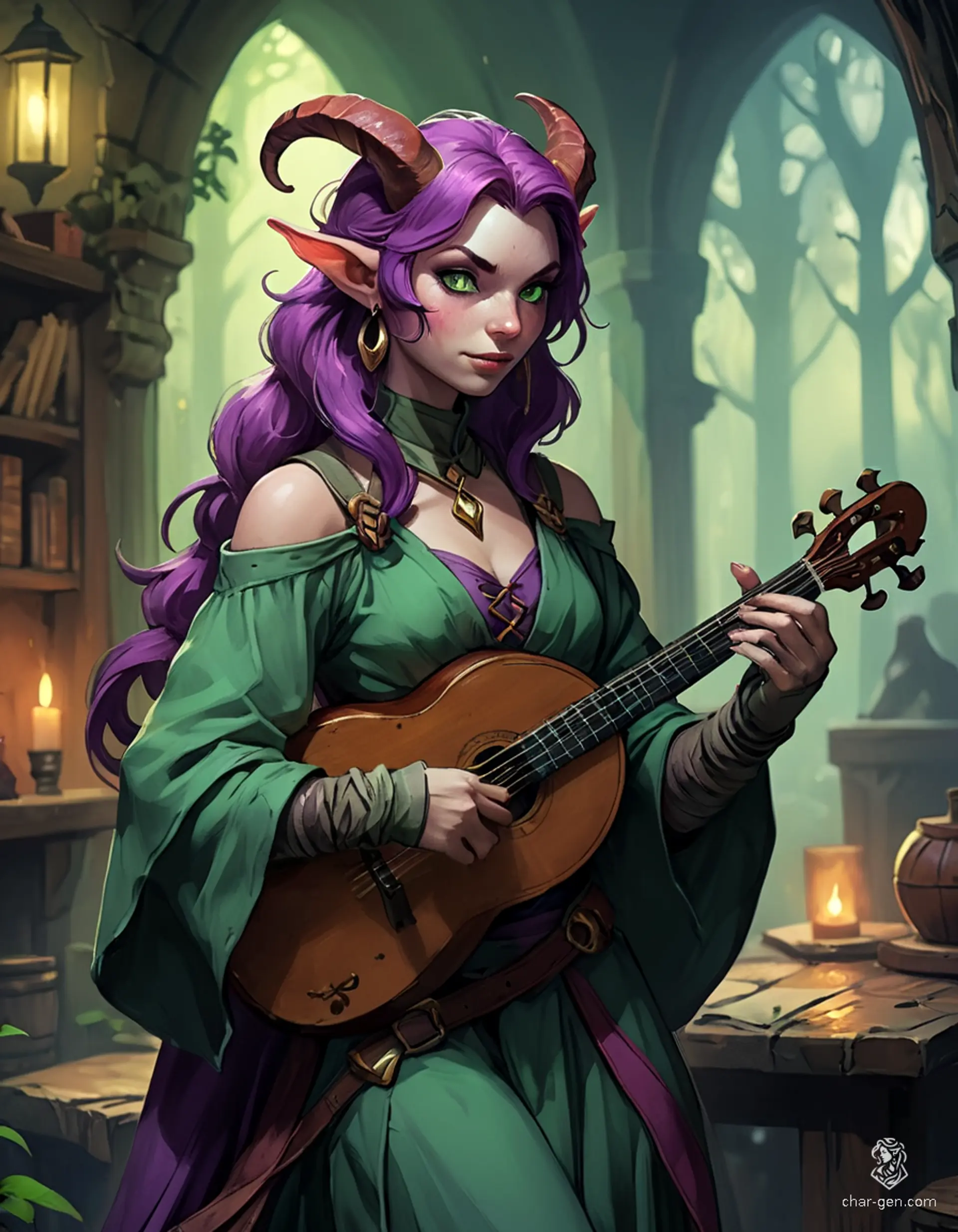 Lyrica Chantenuit is a captivating tiefling bard with vibrant violet skin and striking green eyes. At 25, her deep plum hair cascades as she skillfully plays a magical lute, her expressive gestures enchanting all around. With a nimble frame, horns, and a long tail, she charms both battlefield and stage.