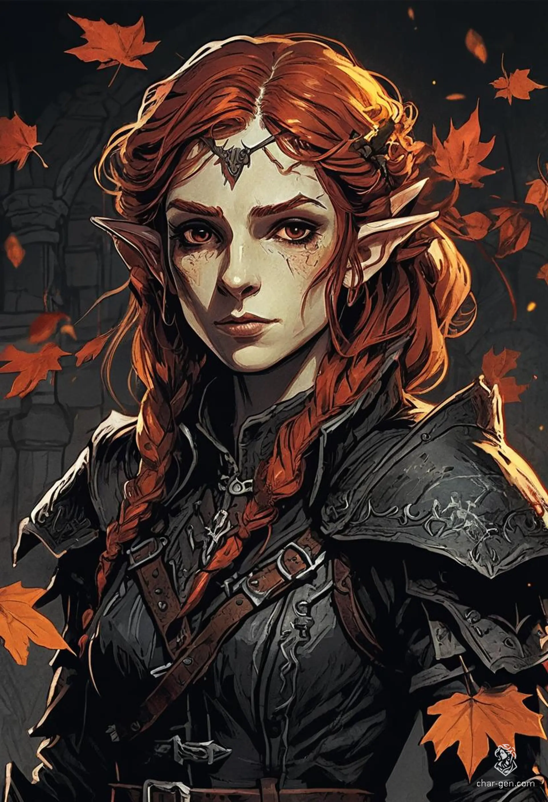 An Autumn Elf, with earth-toned auburn hair adorned with autumn leaves, exudes stealth in black leather armor. This seductive female rogue, with bold cherry-red hair, moves lightly in black boots and gloves, blending seamlessly into shadows.