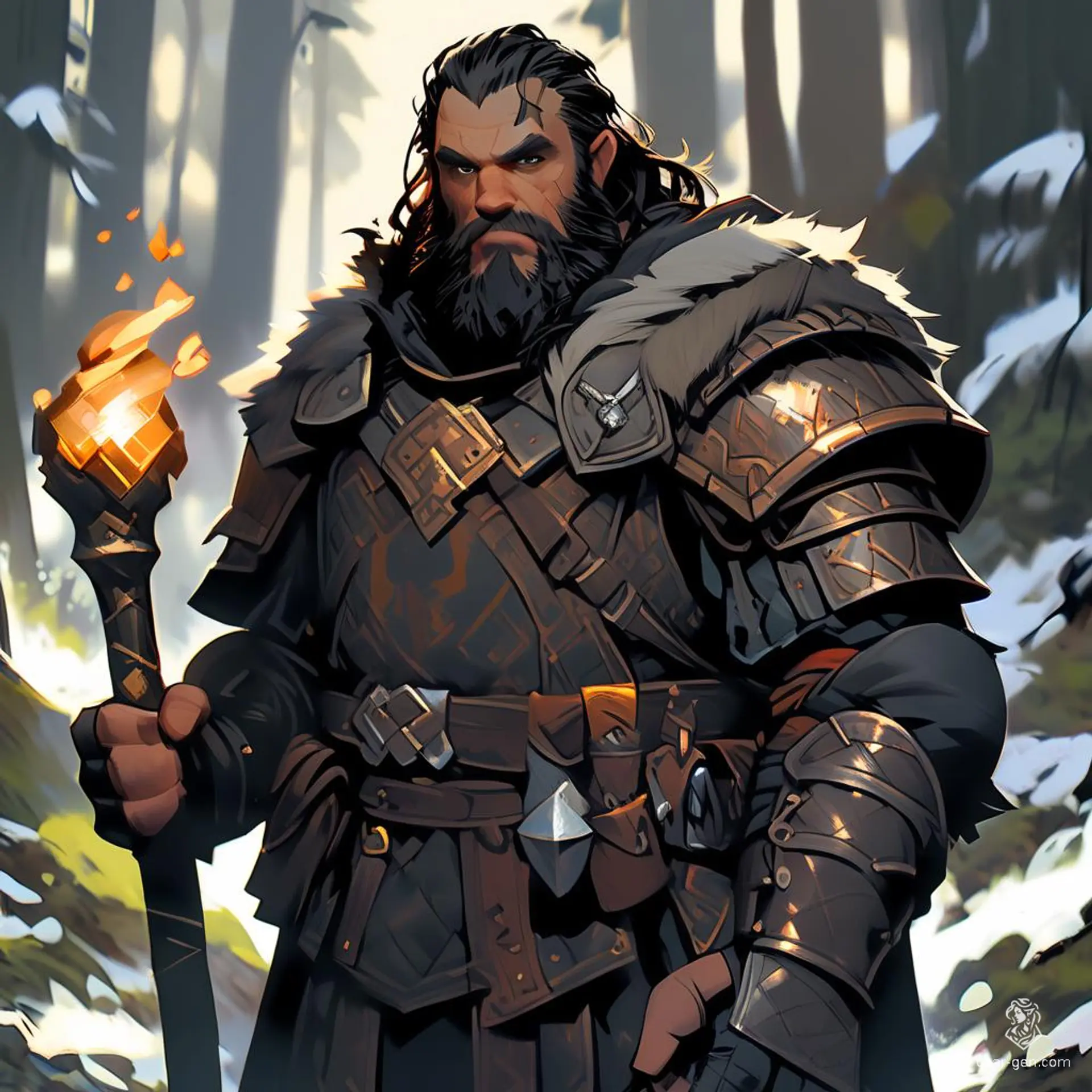 A rugged male dwarf hunter stands in a shadowy forest, his medium-length black hair and beard blending with the earthy tones around him. Clad in chainmail armor and a weathered brown cloak, he grips a glowing hammer, ready to confront the mysteries that lurk within the woods.