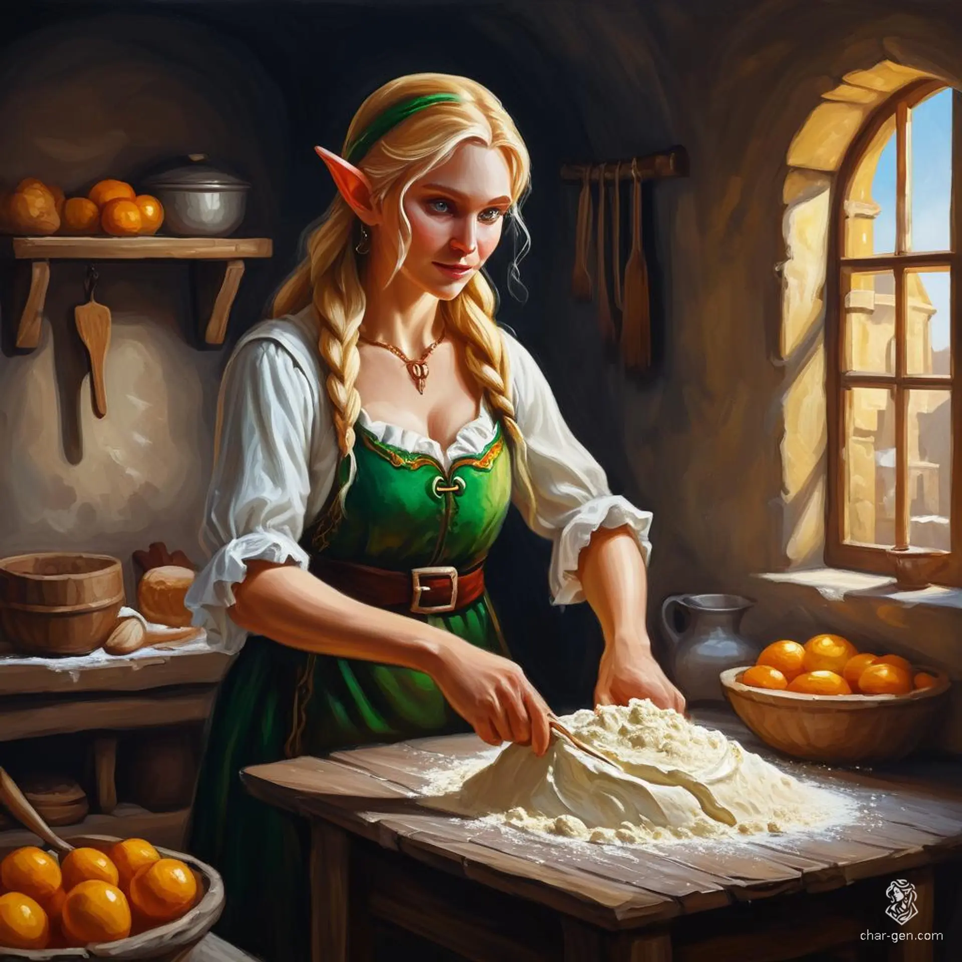 A busty blonde elf baker, covered in flour, strikes a pinup pose amidst a cozy bakery, with inviting aromas from loaves in ovens. Her full lips smile warmly, embodying charm and skill in her delightful, flour-dusted haven.