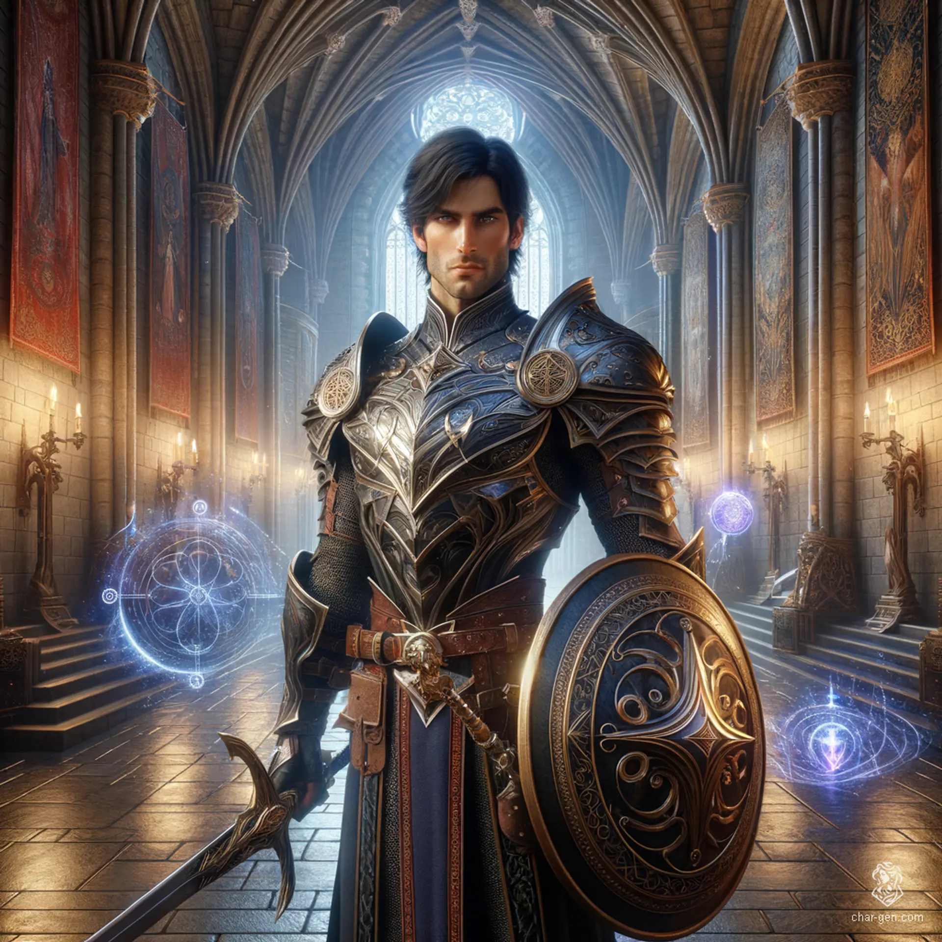 Dorian, a 21-year-old human noble, stands confidently at 6'1" with pale skin and striking ice-blue eyes. His medium build is adorned with enchanted garments covered in arcane sigils. As a battlemaster and knight, he wields a longsword and a detailed broad shield. Embued with unpredictable eldritch magic, Dorian combines extreme intelligence, charm, and strength in battle.