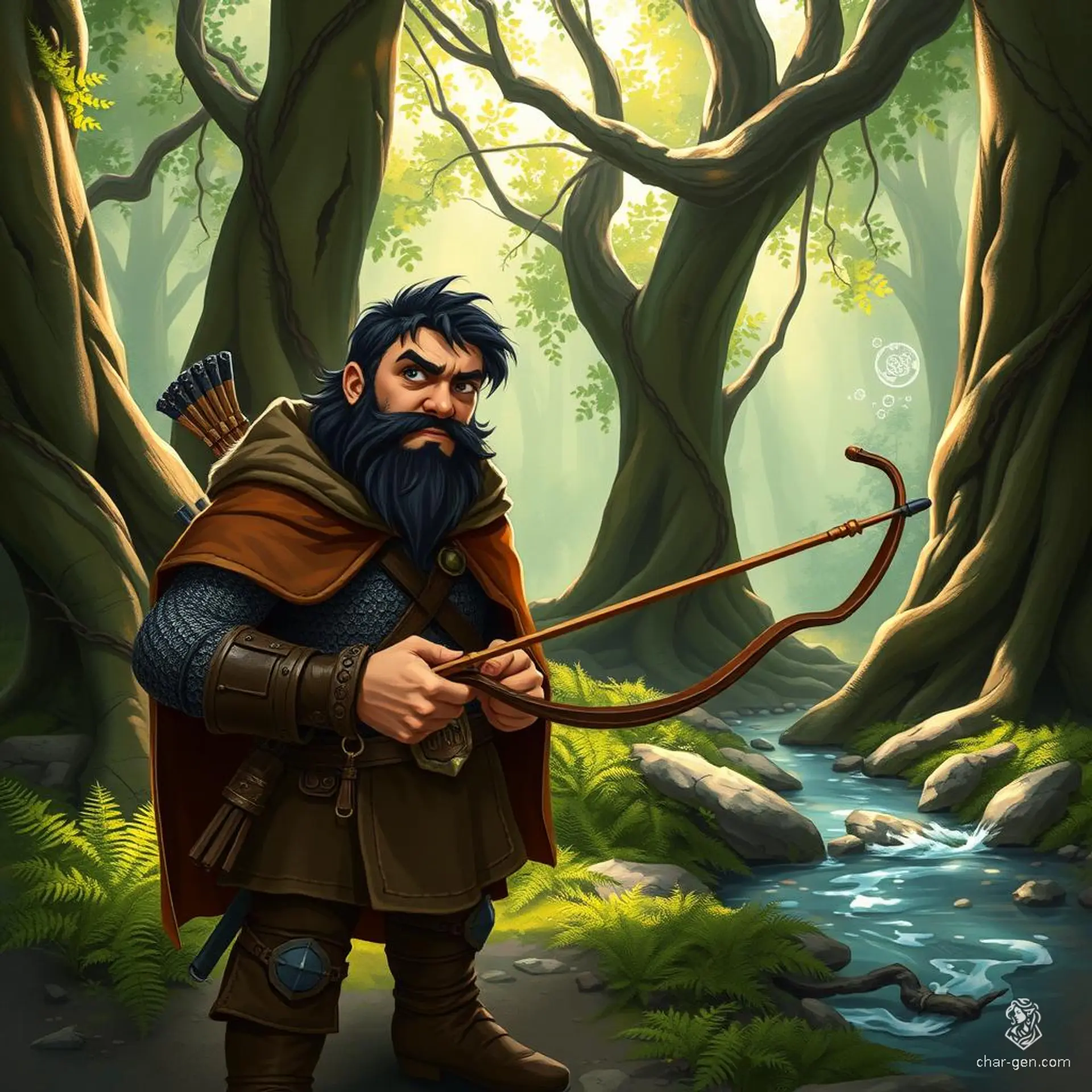Meet Thrain Stoneheart, a formidable dwarf hunter with tan skin and striking jet-black hair. Clad in chainmail and a brown cloak, he confidently navigates forests and mountains, wielding a bow or spear. With an unwavering gaze, he tracks prey, embodying resilience and skill in every hunt.