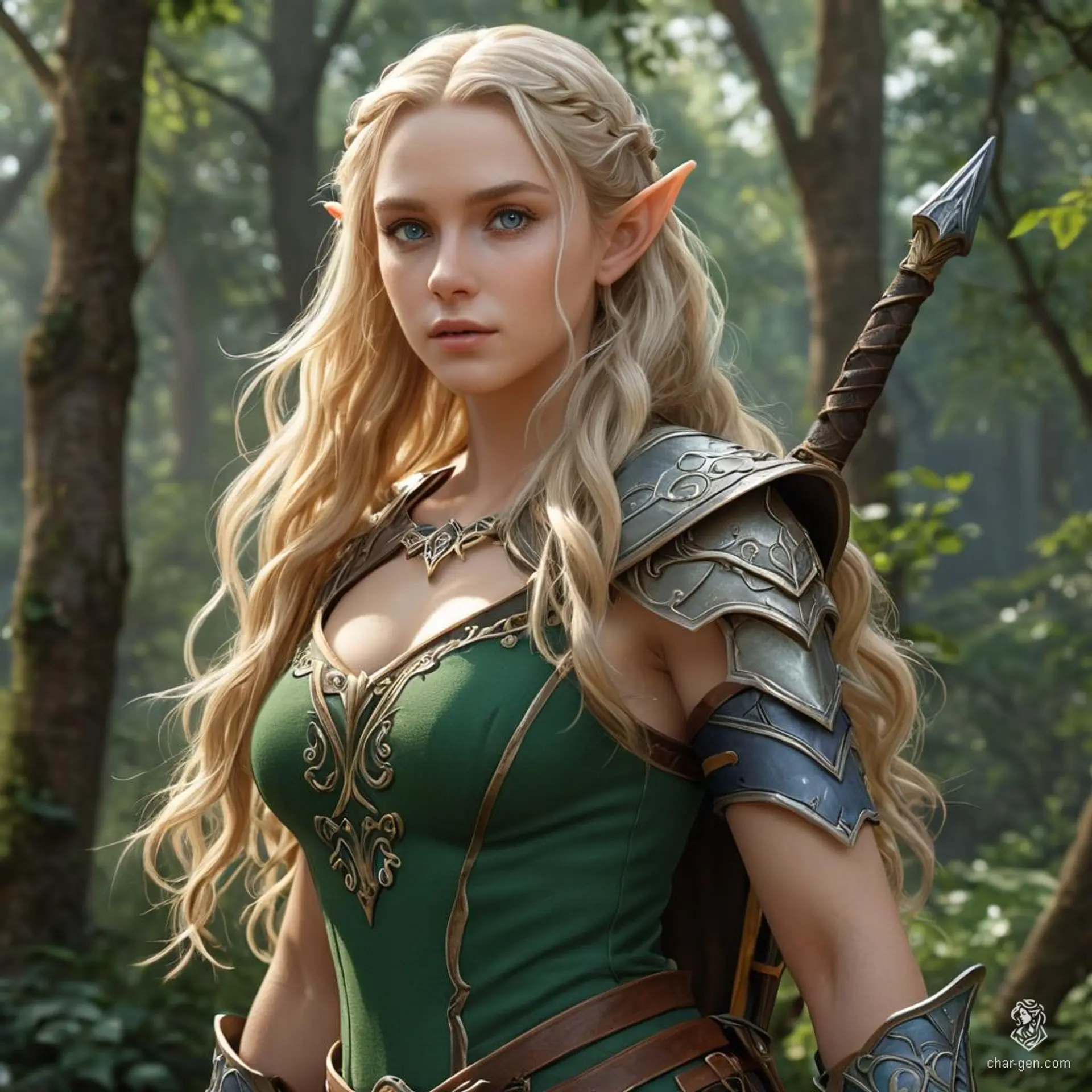This Fantasy Elf Fighter stands confidently, showcasing an array of weapons. Their fair skin contrasts sharply with long, wavy blonde hair and piercing blue eyes, forming an arresting and formidable presence on the battlefield.