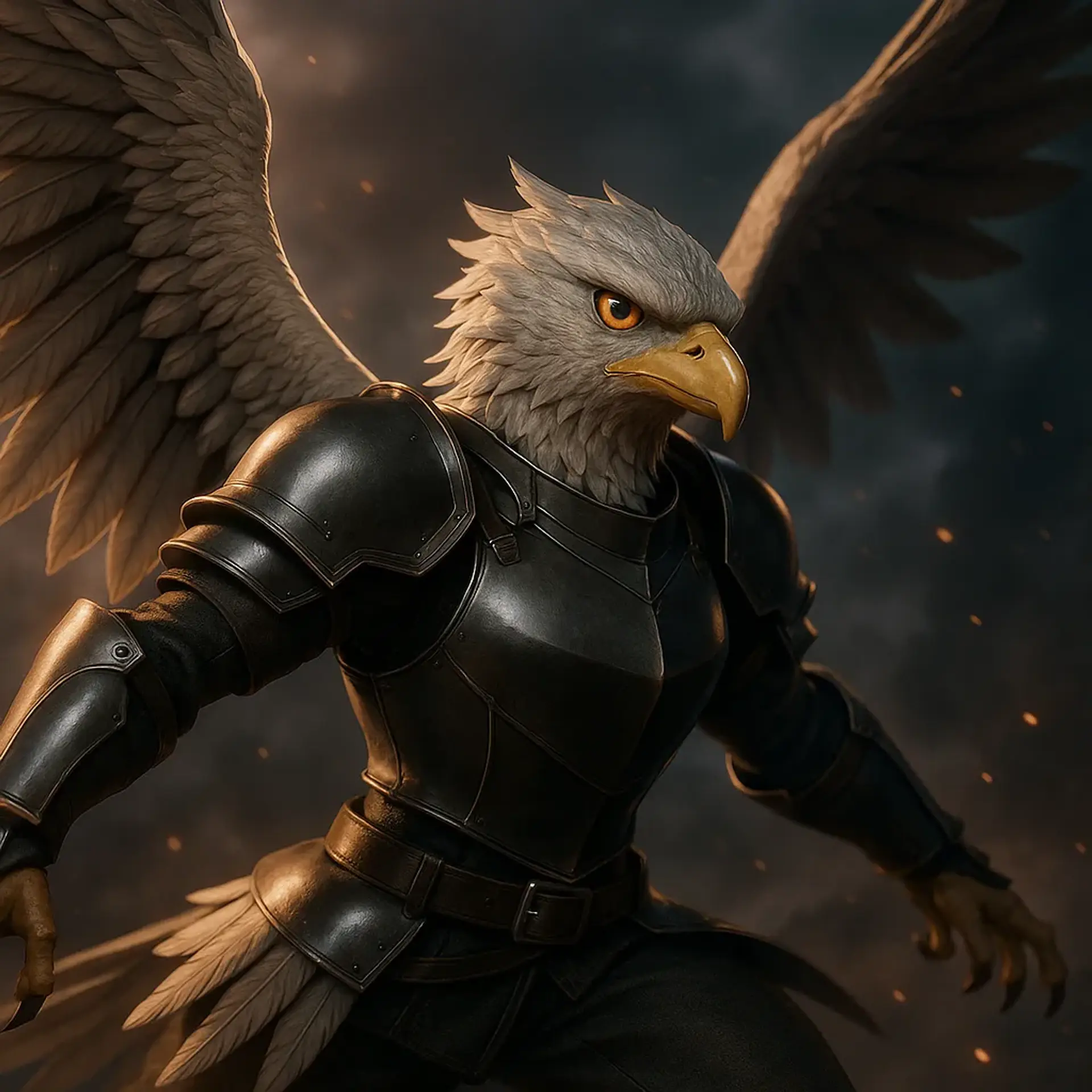 A stoic Aarakocra knight soars through a stormy sky, clad in sleek leather-and-steel armor. Hyper-realistic PBR feathers and detailed talons catch dramatic rim lighting amid volumetric fog and floating embers, blending crisp anime aesthetics with cinematic 3D realism.
