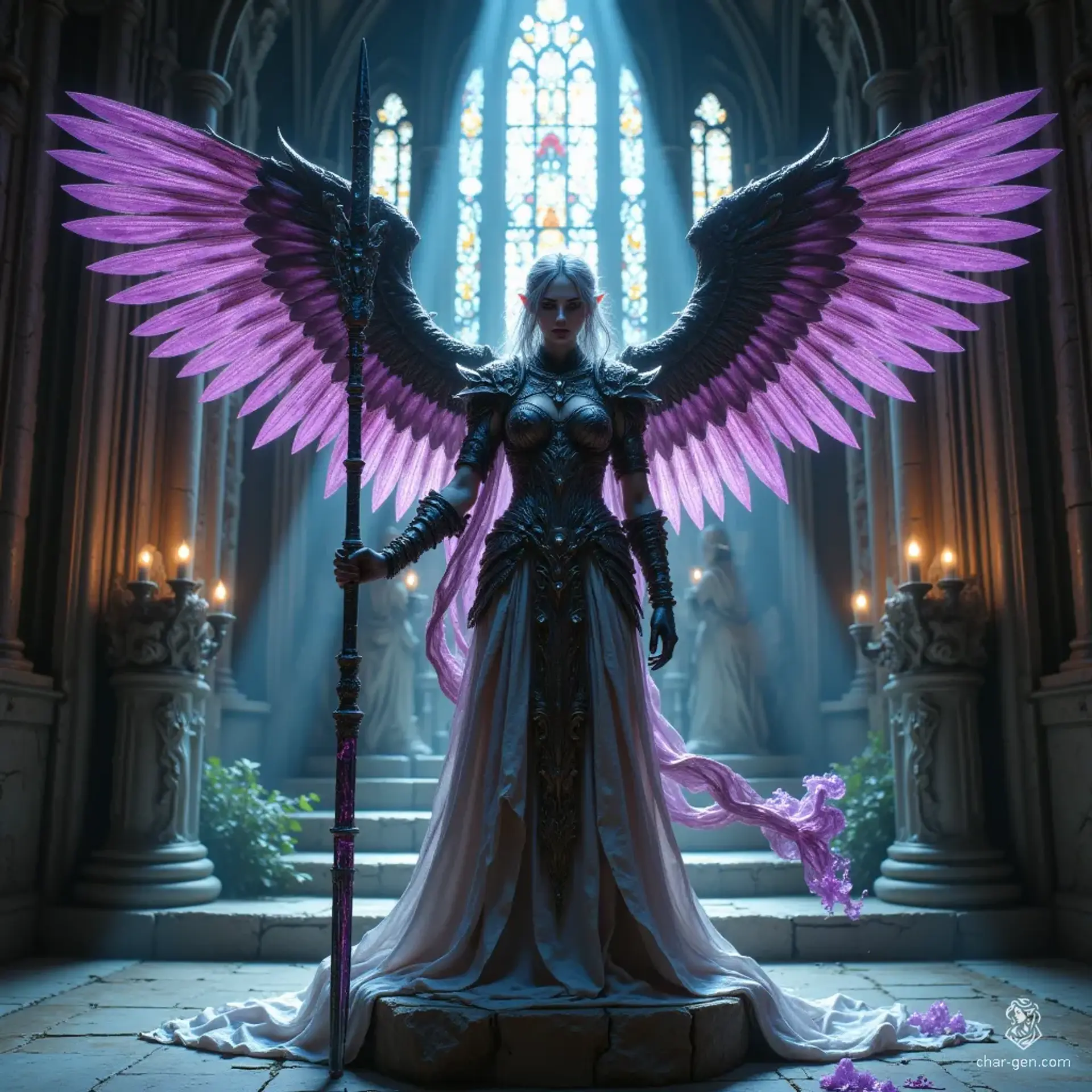 A fallen Valkyrie, burdened by centuries of sorrow, stands resolute on her stone dais. Her once-majestic silver wings, now tarnished, exude ethereal smoke. With crimson tears streaking her regal face and a corrupted spear in hand, she embodies a haunting mix of duty, defiance, and lost glory.