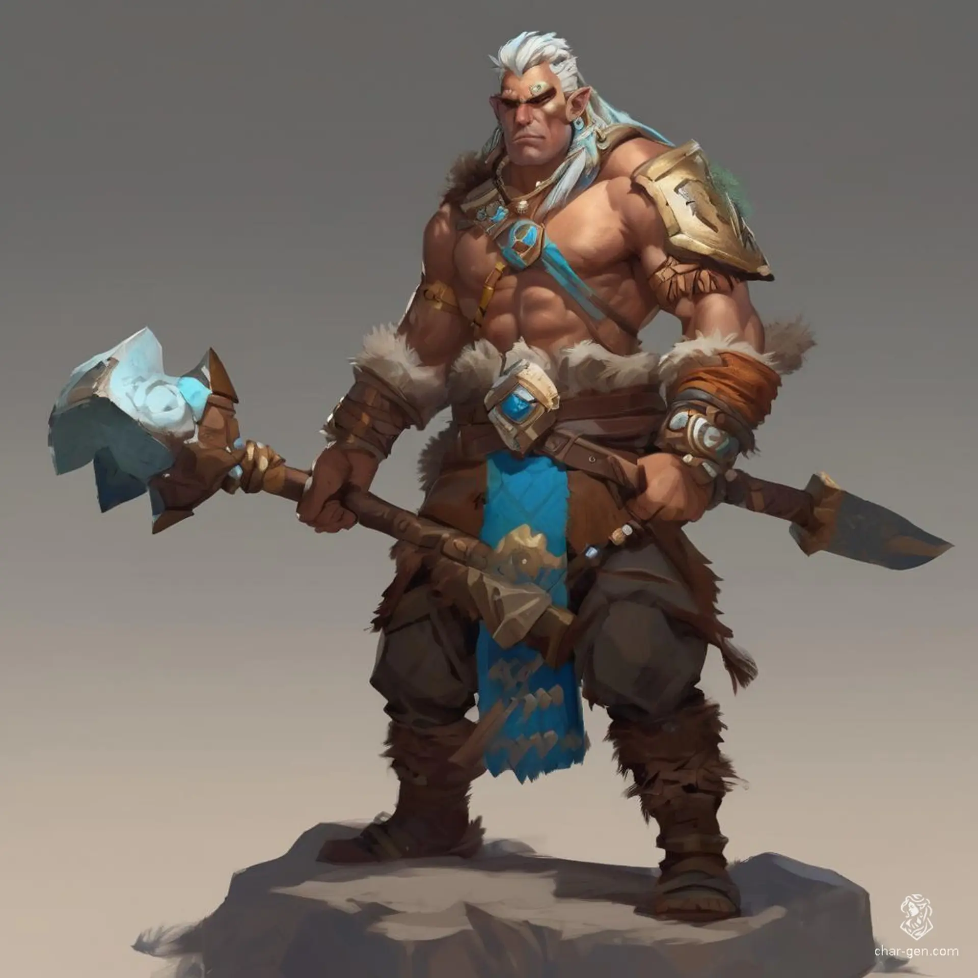 A towering Earth Genasi Barbarian, with skin like rugged stone and emerald veins, harnesses the raw power of the earth. His eyes glow with a fierce, unyielding spirit, and he wields a massive, jagged warhammer, channeling seismic fury in every strike.