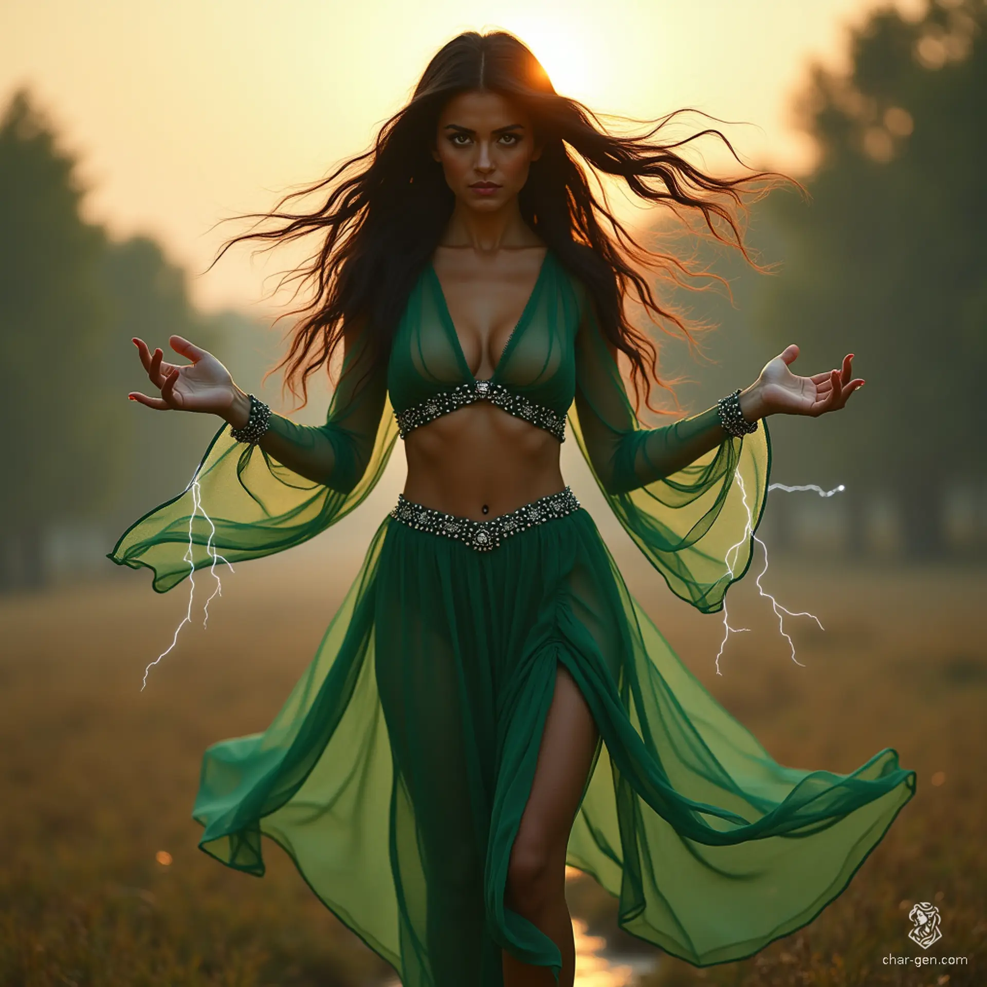 In a dying park at dawn, a regal Persian sorceress hovers, embodying both beauty and fury. With long black hair caught in the wind, her ethereal presence is heightened by sheer, flowing garments that shimmer in the sunlight, revealing her powerful form. White eyes crackle with electricity, ready to unleash her magic.