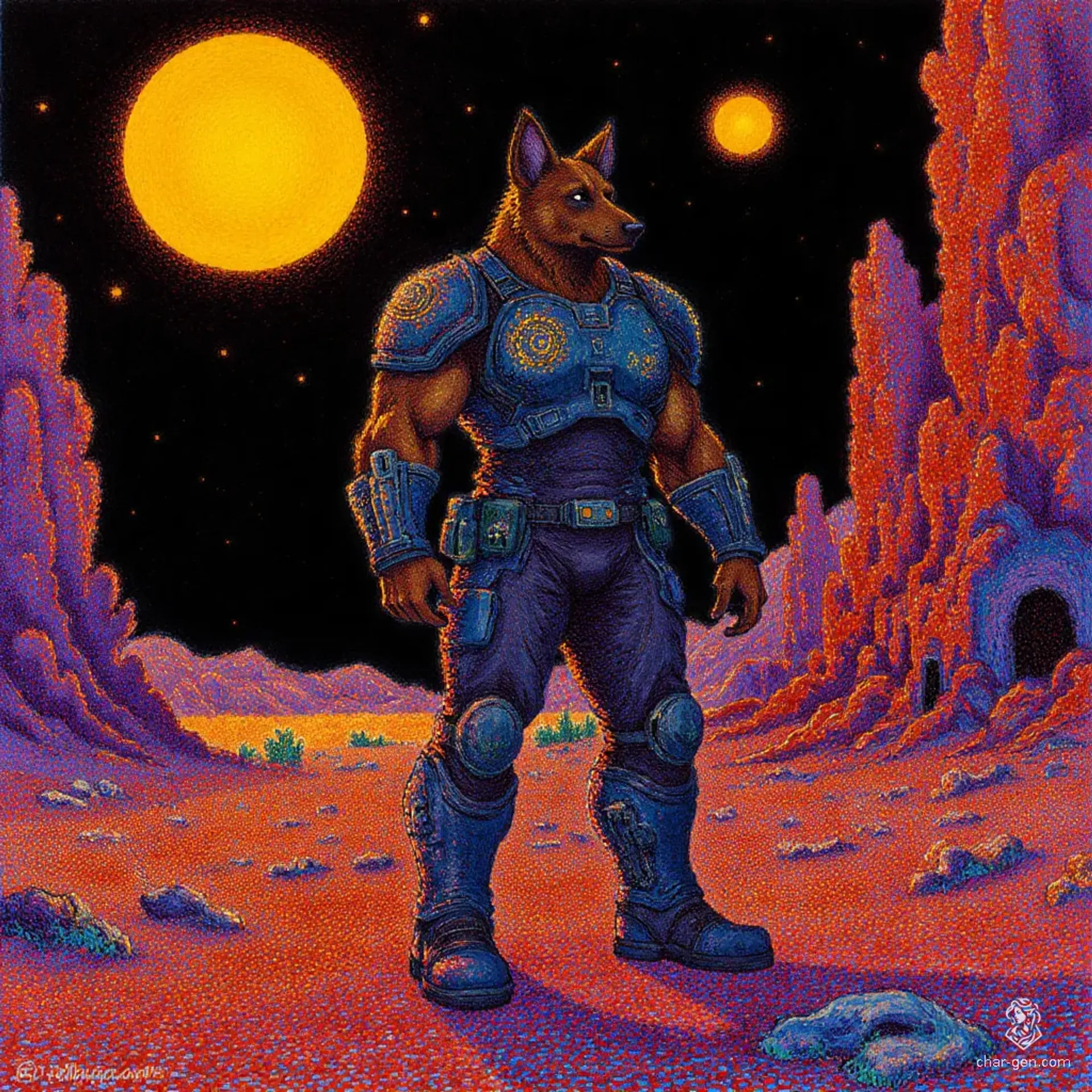 On a vibrant alien planet, a towering, muscular German Shepherd in rugged mercenary armor exudes confidence. His dark fur glistens under glowing suns as he surveys a surreal landscape of bioluminescent flora against a nebula-streaked sky, all captured in a captivating Pointillism style.