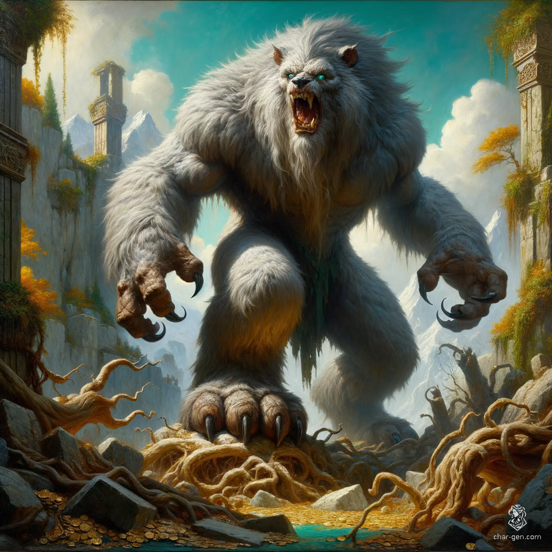 Quaggoths are towering, bear-like humanoids with bulky builds, imposing muscular arms, and large claws. Their bodies are entirely covered in long, shaggy grey to white fur, giving them a fearsome and beastly appearance.