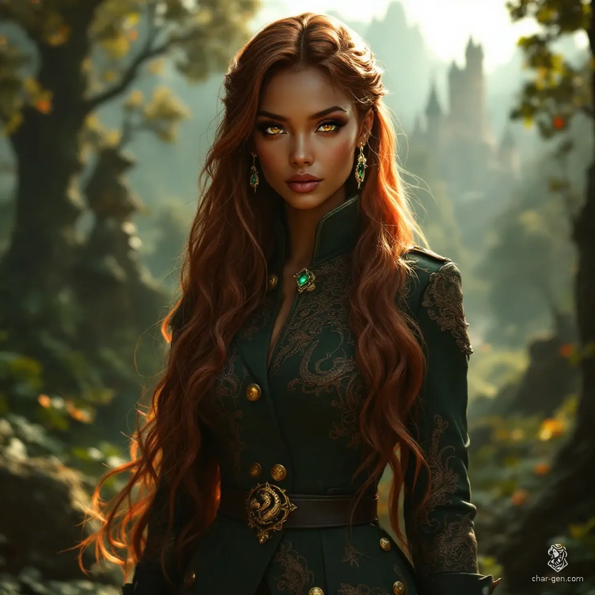 Satyana Vorvexis, a striking 6-foot leader of New Haxon, embodies elegance and authority. With warm bronze skin, flowing copper hair, and piercing copper-green eyes, she captivates all around her. Draped in a military-inspired outfit adorned with dragon motifs, her polished demeanor veils a potent, dangerous essence.