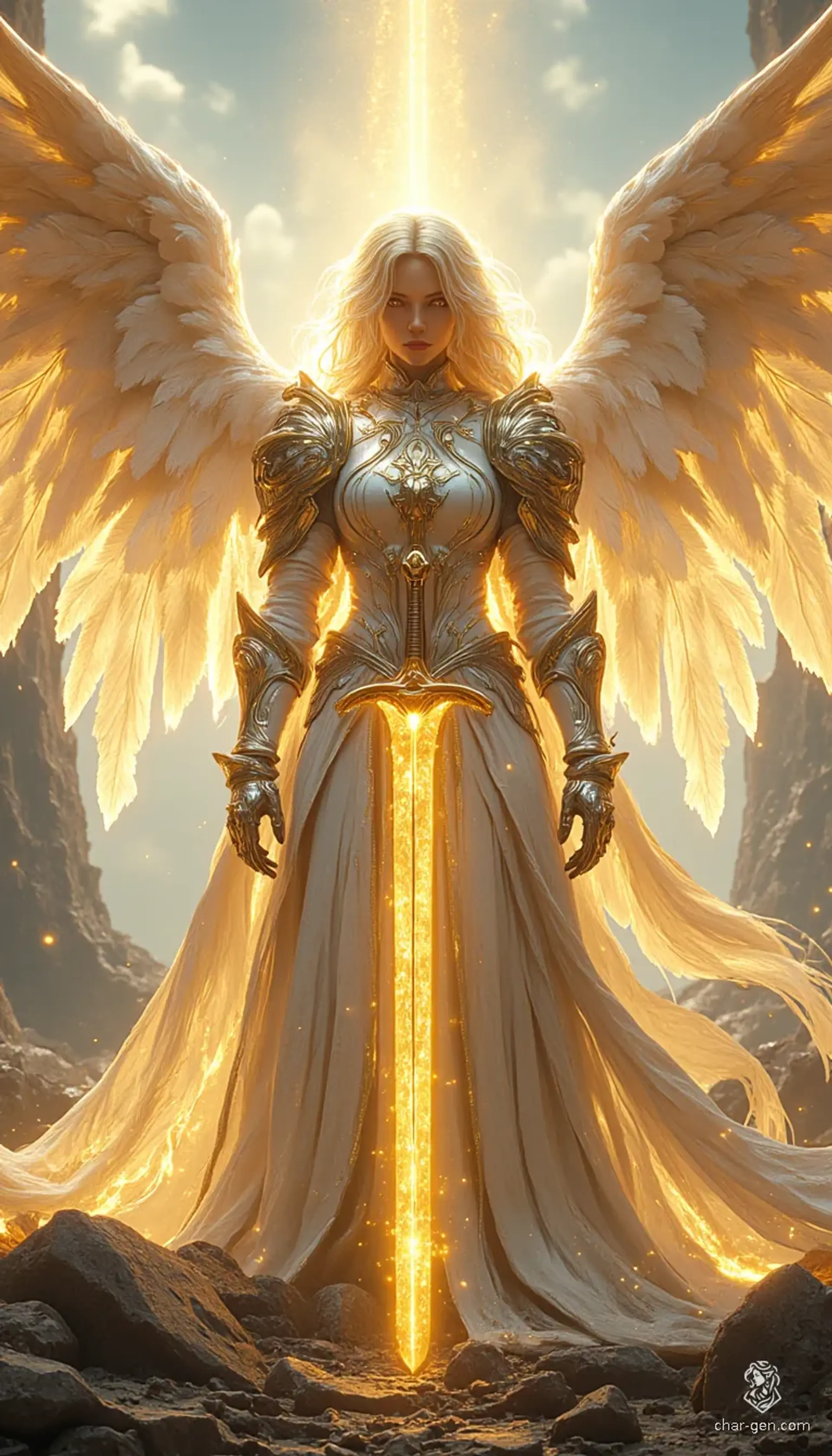 In a stunning cinematic tableau, a radiant human paladin stands poised in celestial armor, glowing softly with golden light. With intricately detailed silver accents and majestic wings, she wields a golden sword that emanates divine energy, embodying the sacred protector amidst the shadows of a ruined battlefield.