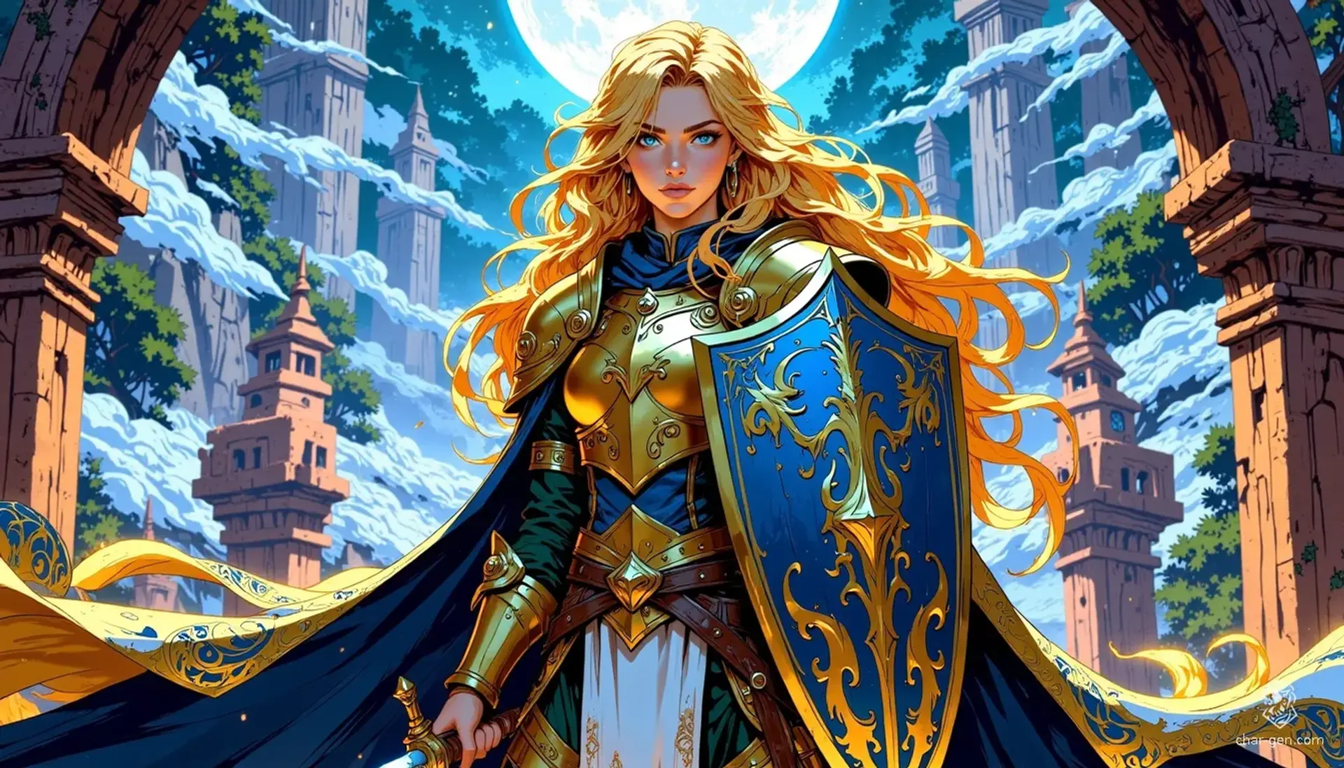 Verity, a 140-year-old Spring Elf cleric, embodies both grace and strength. Clad in intricate armor and pastel attire, they wield a rapier resolutely while a protective shield gleams by their side. With golden skin and azure eyes, Verity fights fiercely against tyranny, driven by unwavering loyalty and chaotic resolve.