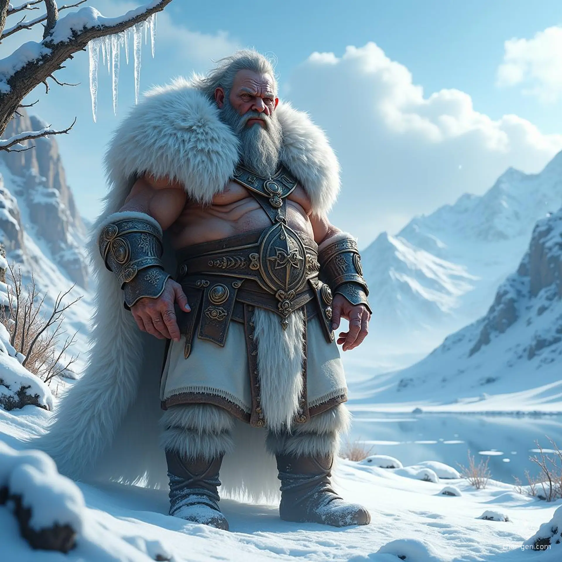Elderly yet formidable, this rugged barbarian chief commands respect with his hulking presence. Dressed in simple villager attire and a striking white fur cloak, his fierce demeanor masks a lifetime of leadership, survival, and the untamed spirit of the wilderness he calls home.