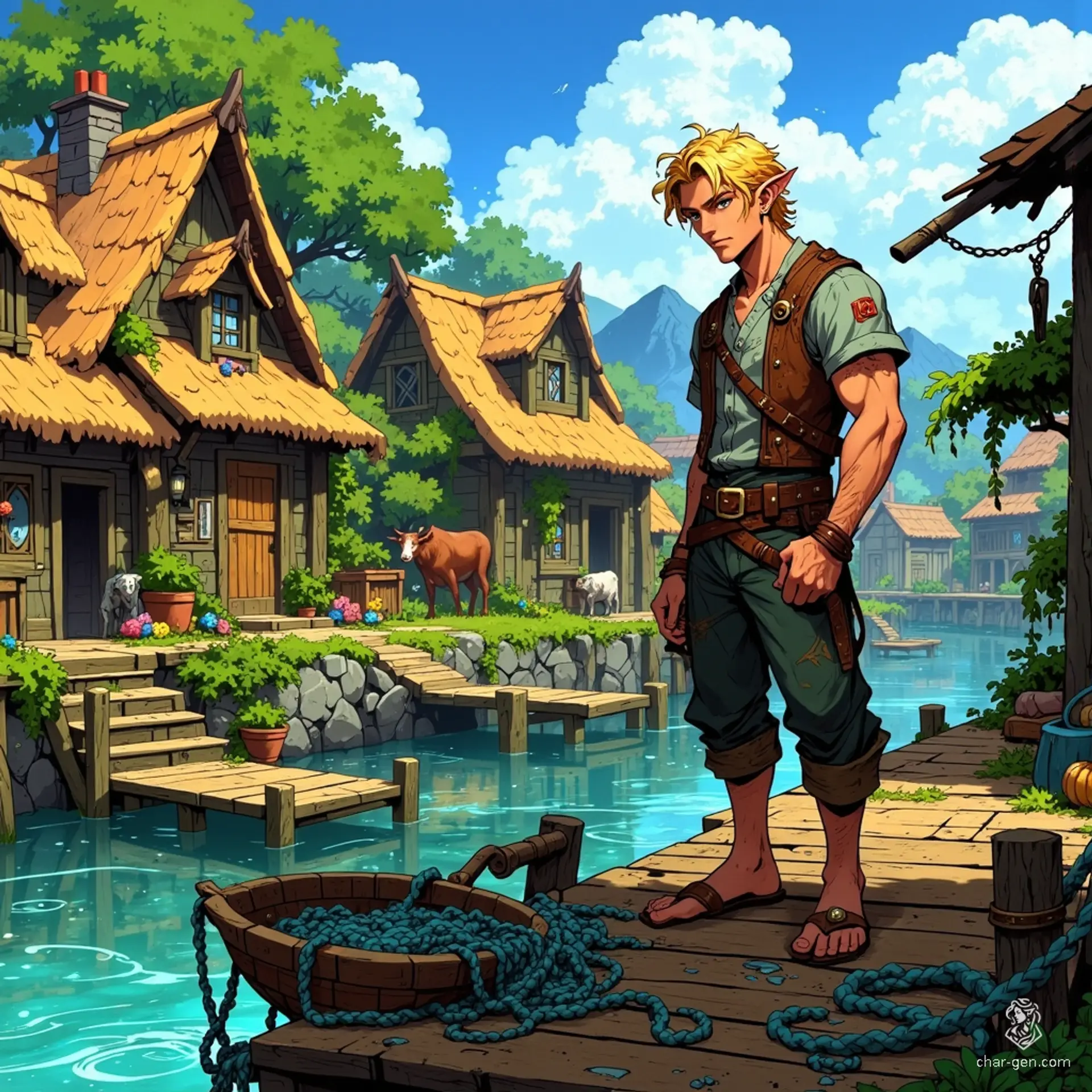 A weathered fisherman stands on a creaking dock, his rugged clothes tattered by years at sea. With strong hands, he mends nets and lines, embodying the spirit of the ocean. Beneath his sun-kissed skin lies a deep connection to mystical waters, whispering secrets of ancient tides.