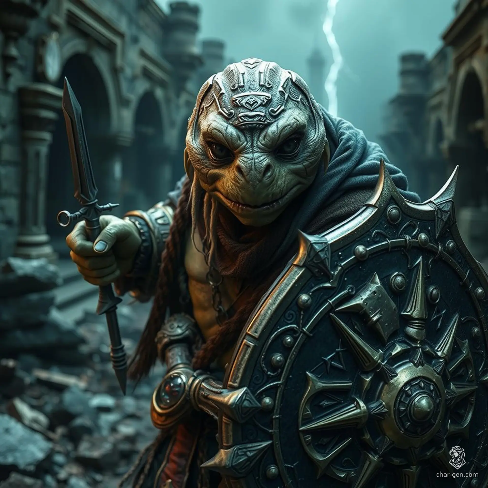 Snaps is an 18-year-old male tortle sorcerer with a medium build, standing at 5'10" and weighing 400 pounds. This green-skinned, black-eyed pirate wields storms and lightning, showcasing a dagger and a protective shield. With a charming, intelligent aura, he values freedom and never backs down from danger.