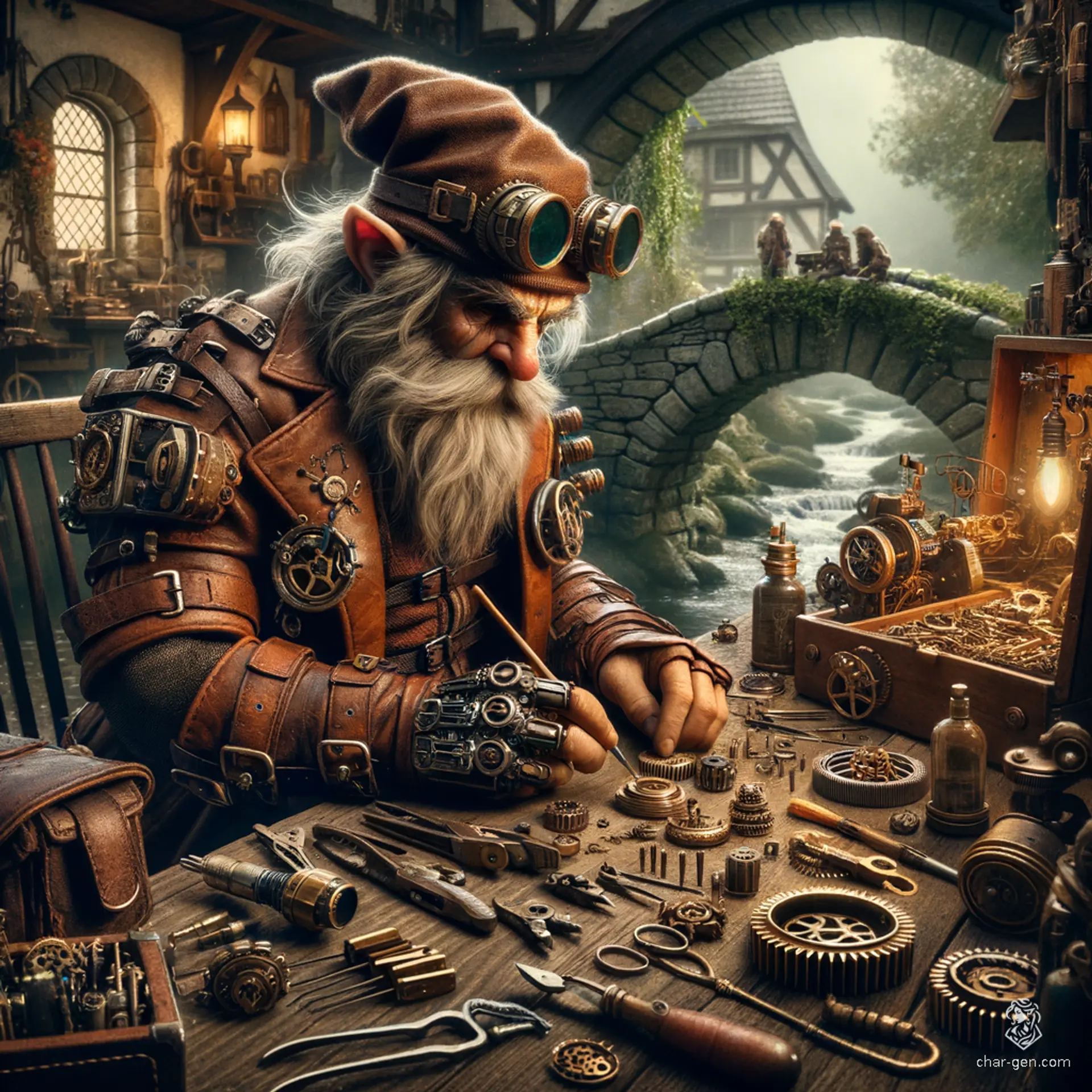 In a cozy, steampunk workshop, a meticulous gnome artificer works on intricate locks. His distinct mottled skin, thinning hair, and bulbous nose accentuate his unique charm. Wearing a brown leather vest adorned with gears, and tech-laden goggles, he leans over a workbench, surrounded by tools, locks, and a blinking console.