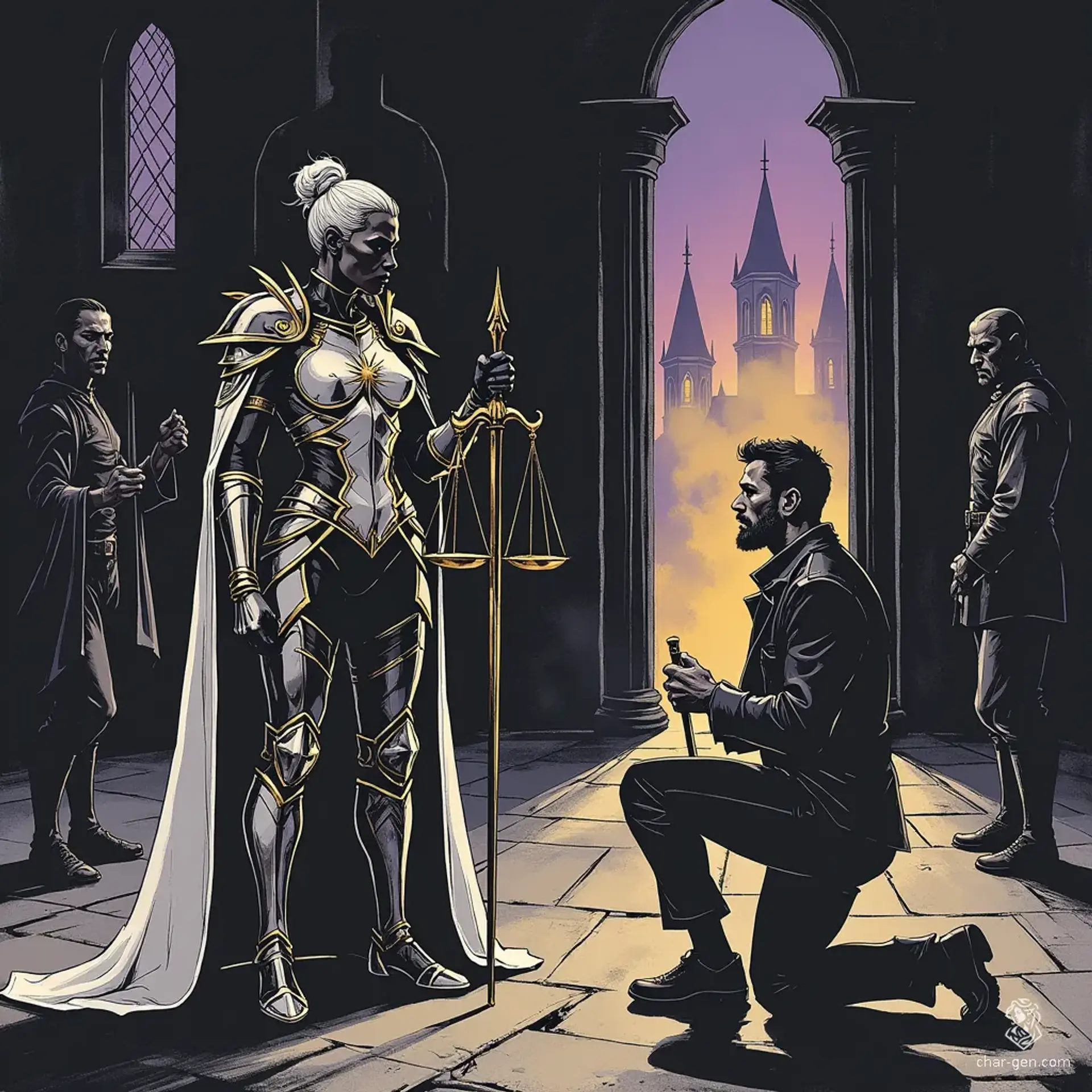 In a grand cathedral bathed in ethereal light, a commanding woman with dark skin and striking white hair stands resolute in elegant armor adorned with a white sun. She holds scales and an ornate staff as a desperate man kneels before her, seeking redemption amid watching ghostly spirits.