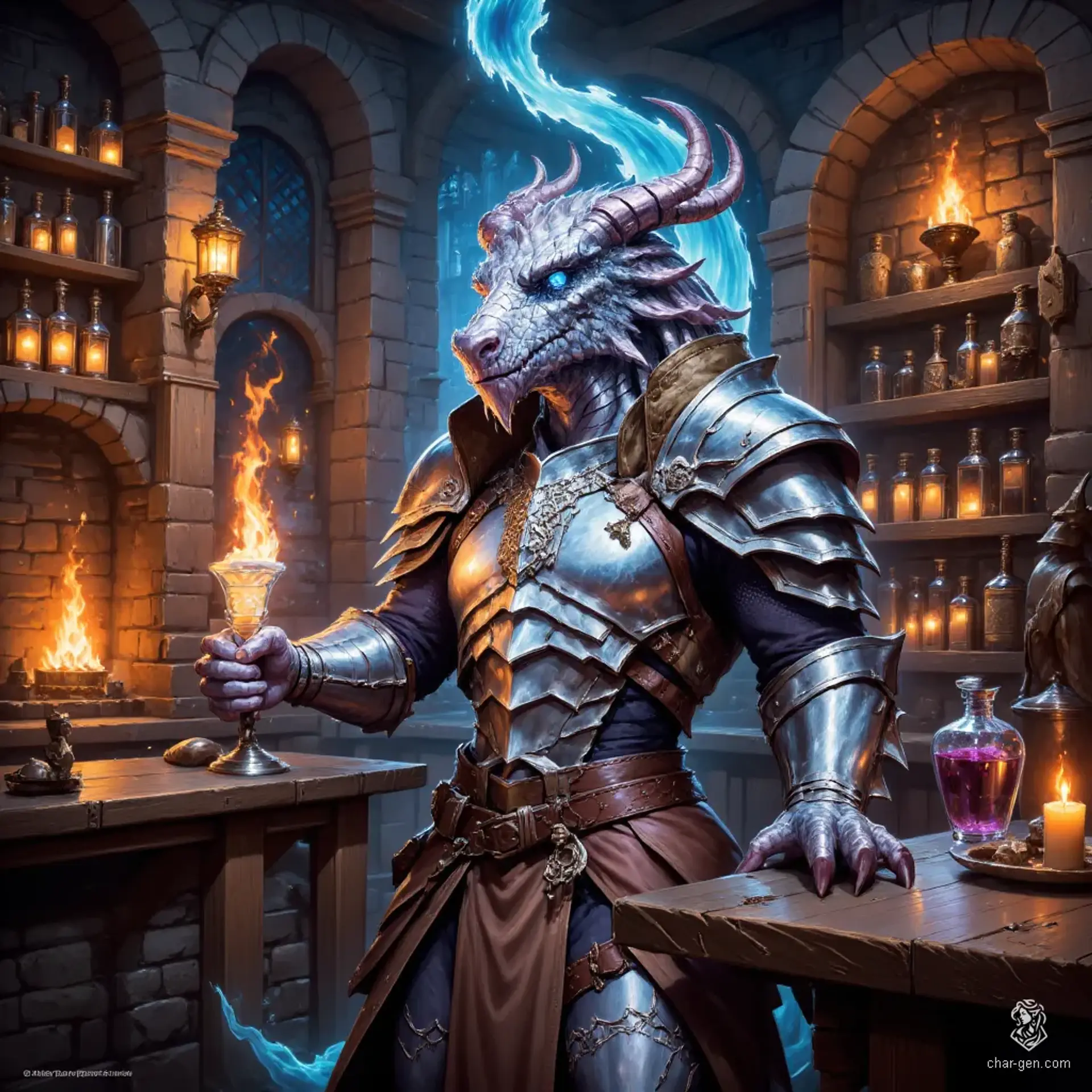 Druvor, a silver-scaled dragonborn male, embodies an aloof yet analytical presence. Clad in practical attire, his utility belt brims with alchemical tools. Often lost in thought, he shares sharp insights with measured precision, revealing a mind steeped in the arcane and the intricate.