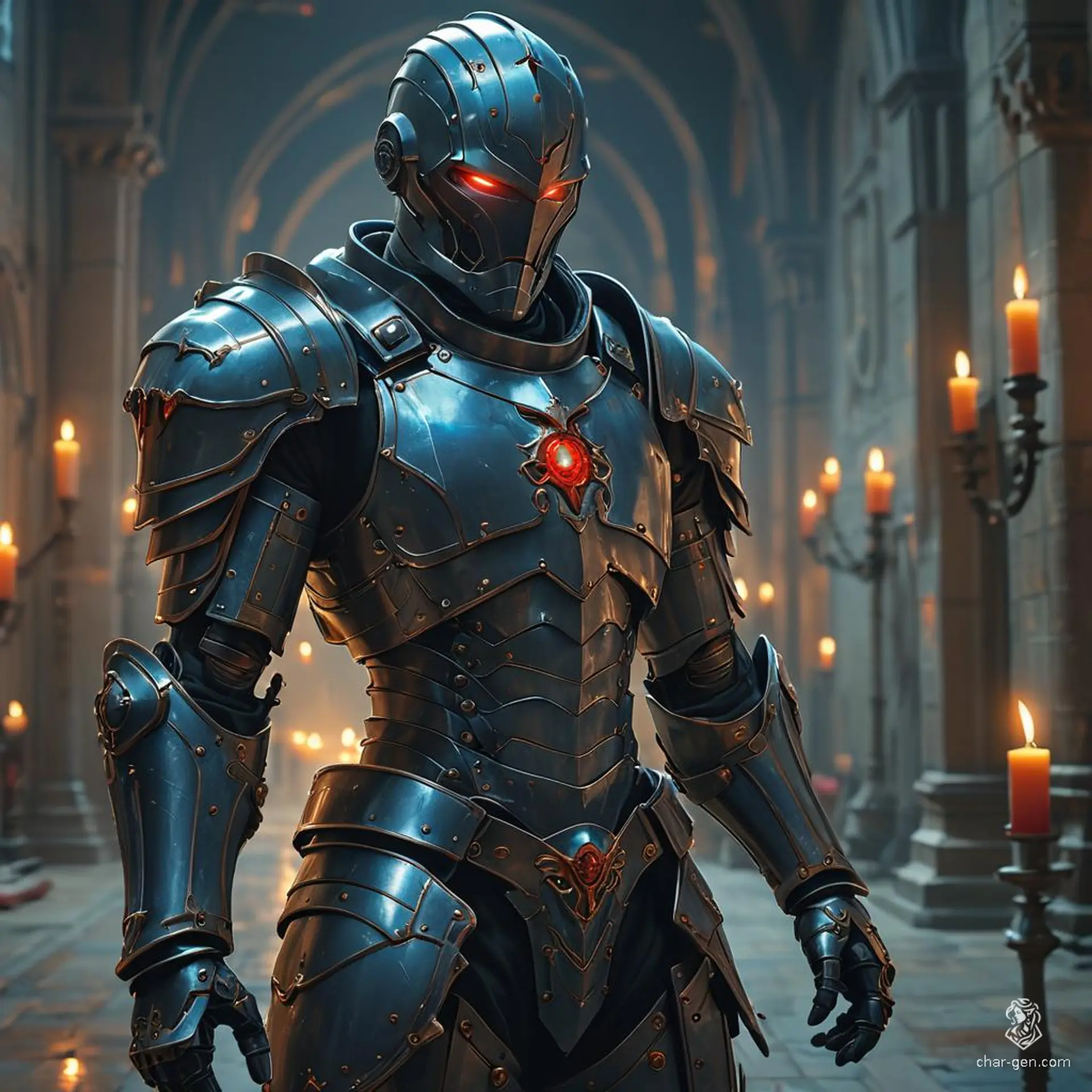 An Animated Armor: an empty, polished steel suit with a spectral blue glow from its joints, stands vigilant with weapons drawn. Contrasting sharply with its Very Dark skin texture, it tirelessly patrols candle-lit corridors bathed in a red glow.