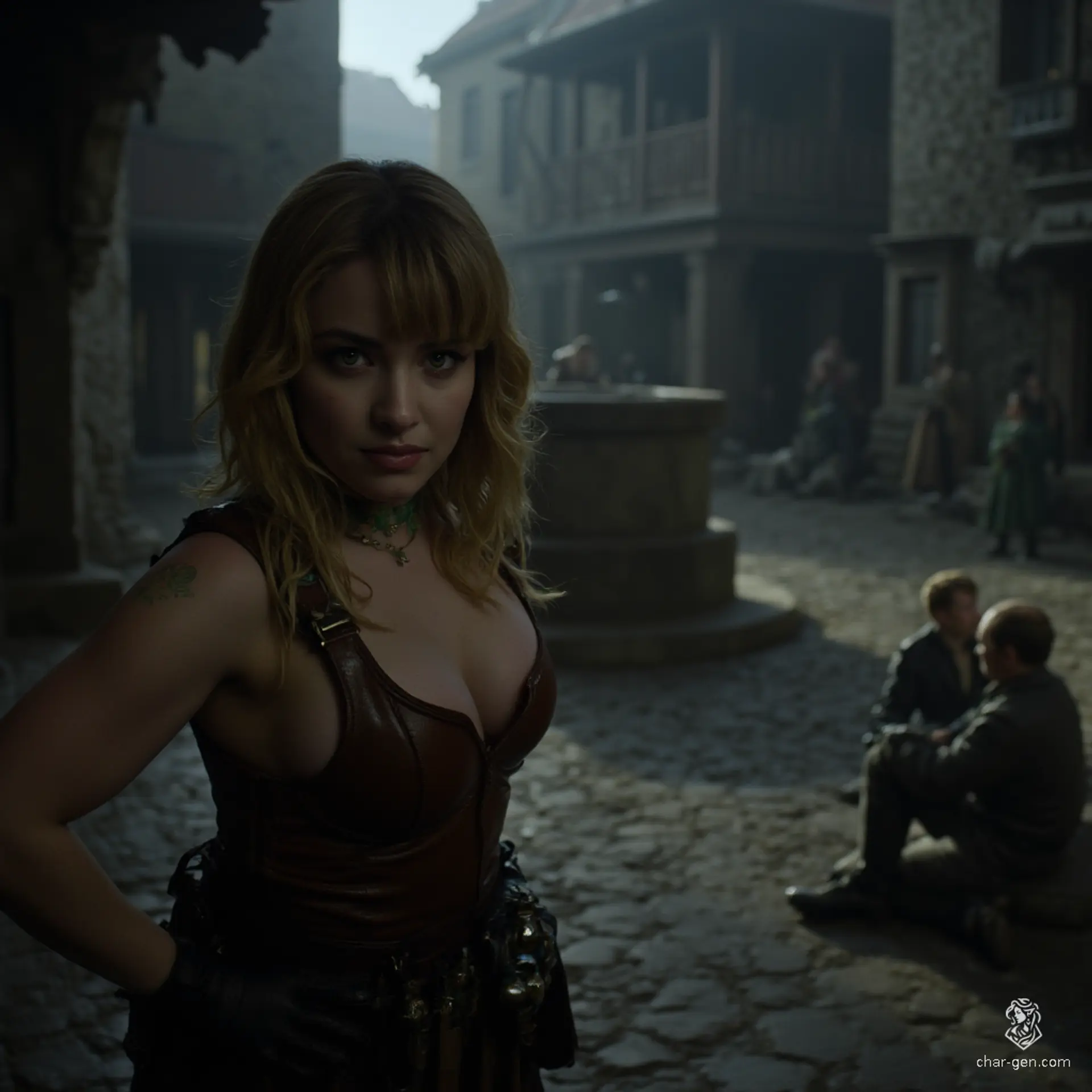 Izzy is a newly emancipated halfling assassin with a curvaceous frame and medium-toned skin accented by shimmering green scales. Her solid yellow-green eyes and shaggy strawberry-blonde hair frame a mischievous smile. Dressed in fitted leather armor, she exudes a blend of danger and joy, poised for her next target.