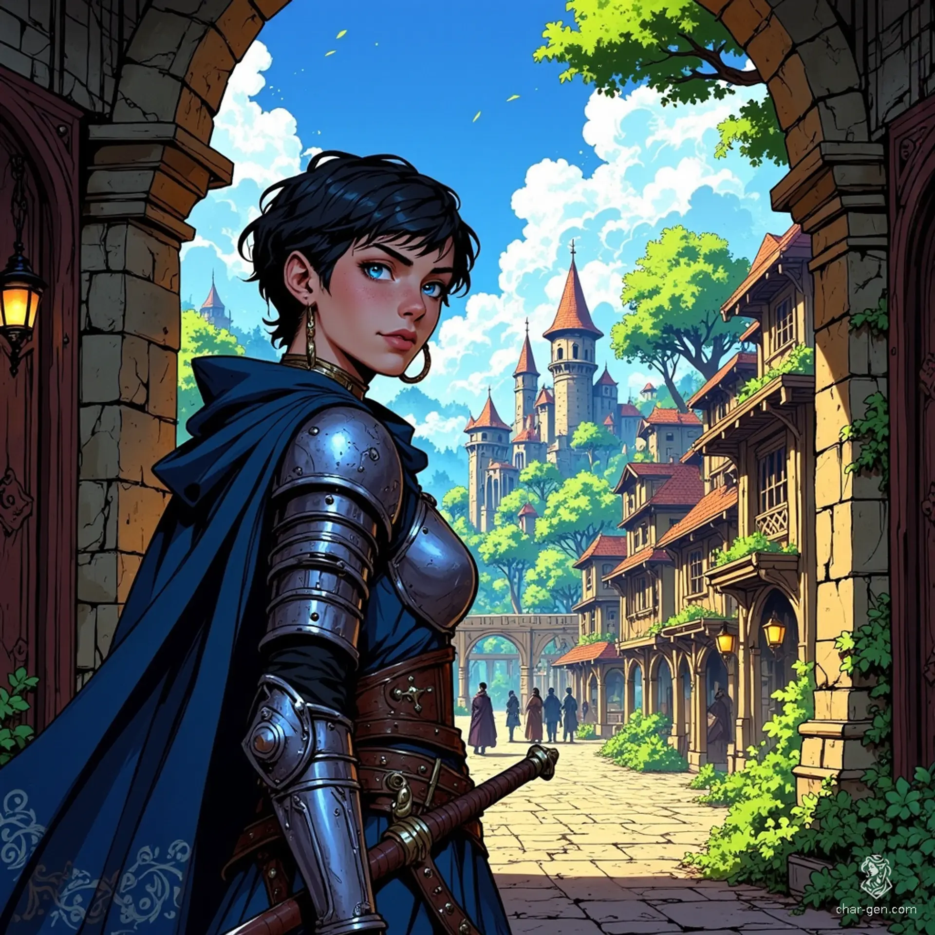 Aric, a steadfast guardian clad in gleaming chainmail, stands watch at the city gates. His piercing gaze scans the horizon for lurking threats, while the creak of his armor echoes a vow to protect. Unyielding and vigilant, he embodies the strength and honor of the realm.