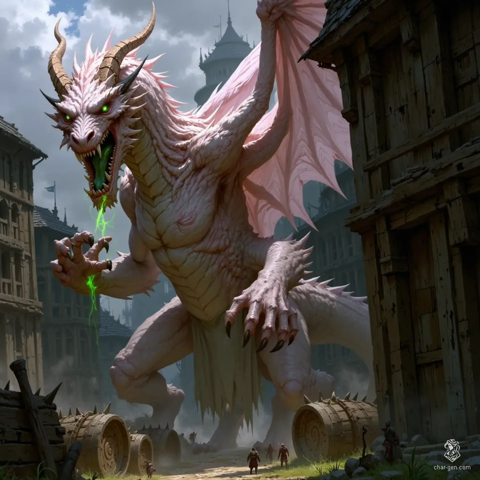 The Unholy Union of Dragon and Tarrasque is a grotesque hybrid with pallid, blotchy skin and glowing acid green throat. Its massive wings enable flight, while its Anti-Flight magic can ground foes. With a deadly necrotic breath, this abomination embodies chaos and dread.