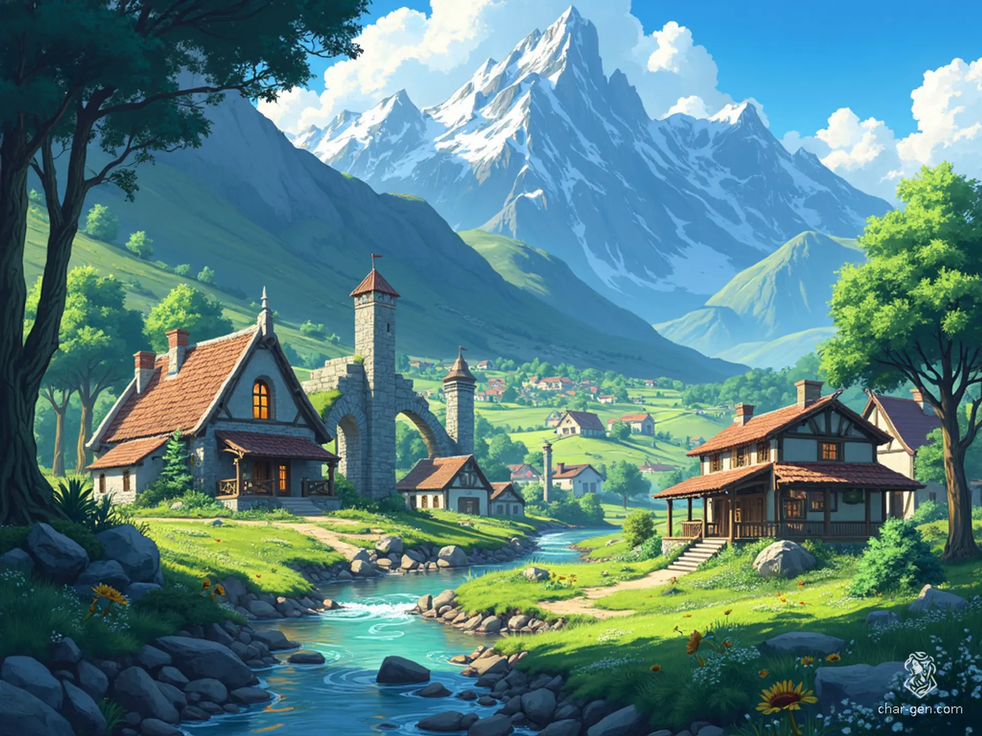 Nestled against the majestic Sword Mountains, Phandalin exudes rustic charm with its stone cottages and lush farms amid the ruins of an ancient town. Majestic peaks and dense forests envelop this idyllic frontier, blending serene beauty with rugged wilderness.