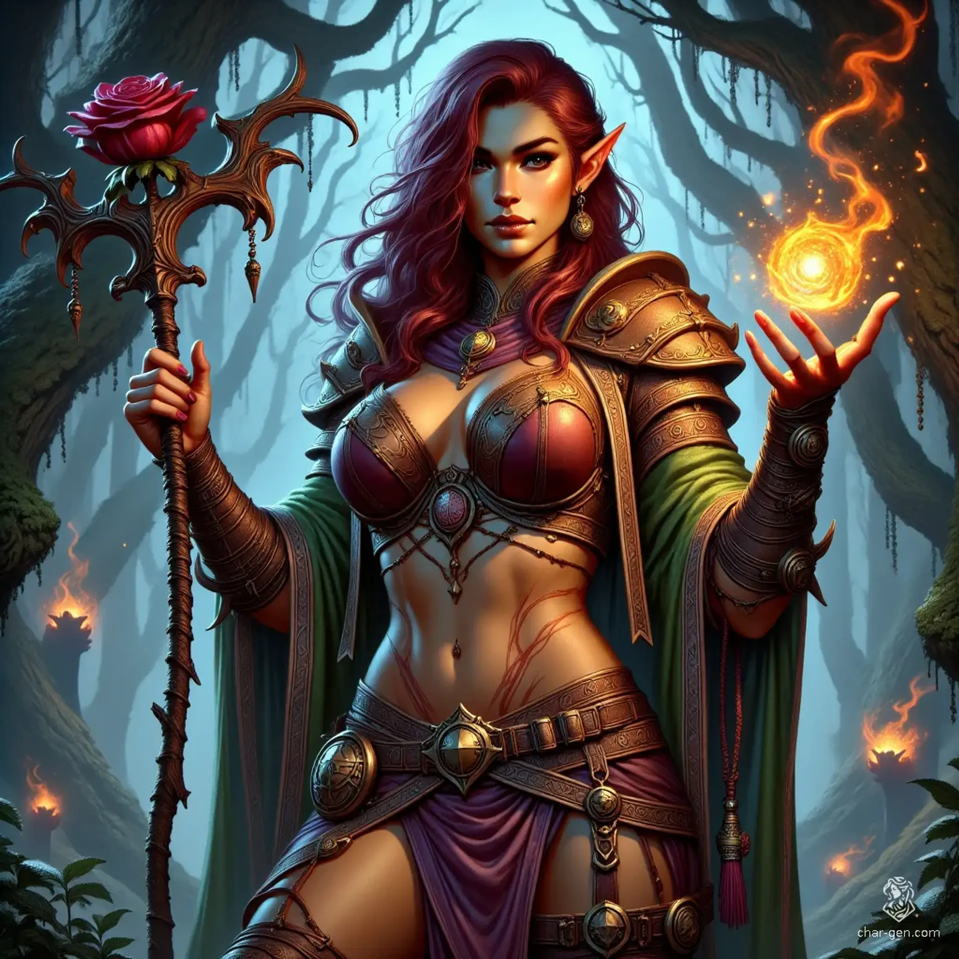 A powerful, middle-aged warlock entwined with dryad blood, she stands confidently in a pristine grove within a blighted forest. Her alluring figure is accentuated by shimmering icy robes, bold cherry-red hair, and an aura of magic, as she wields a rose-crafted staff with seductive grace.