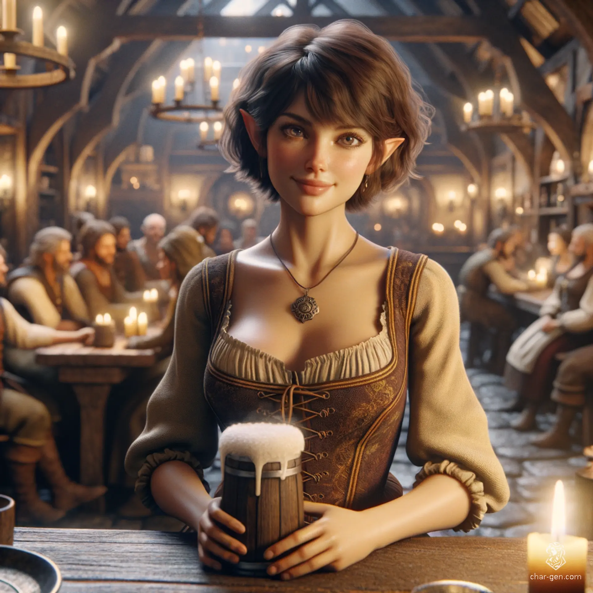A lively halfling barmaid, she stands confidently at the center, her bob haircut framing a cheerful face with medium skin that shines with vitality. Short and stout, her ample figure and warm smile invite patrons to enjoy their drinks in her cozy tavern.