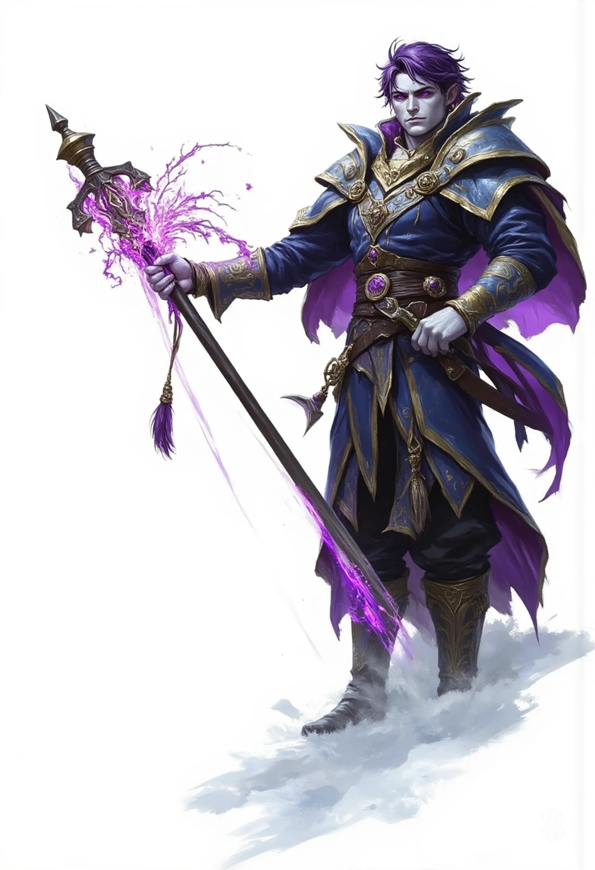 In a luminous, painterly world, a striking male figure stands amidst an icy field, draped in a dark blue robe. His glowing violet eyes and short, dark purple hair catch the wind, while ethereal magic swirls from his beautifully detailed hands, embodying both elegance and mystique.