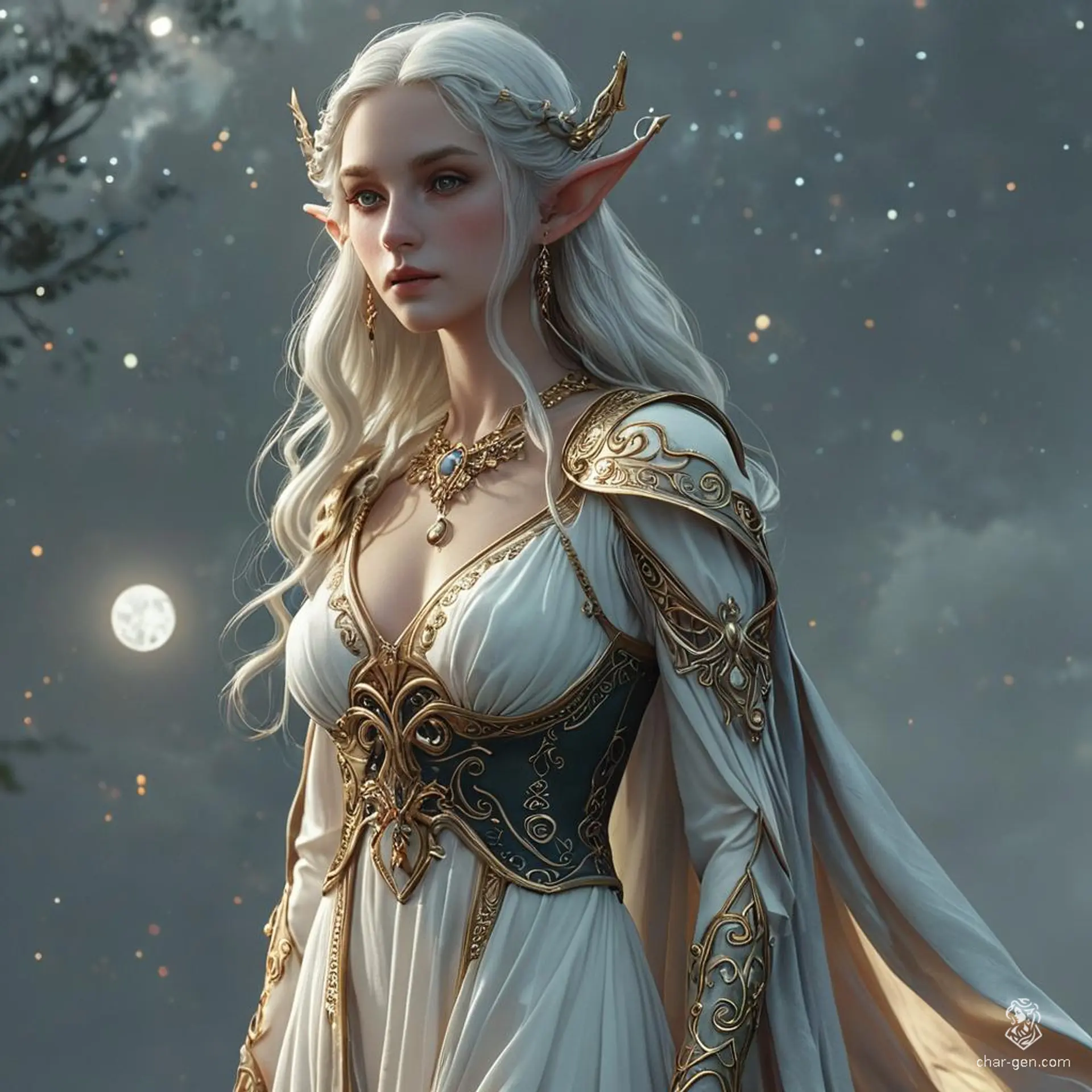 Silune, the ethereal Elven goddess, exudes elegance and magical power. With opalescent, moonlit skin and cascading white hair like shimmering moonbeams, she embodies lunar mystique. Adorned in starry blue and silver robes, her deep blue eyes reflect celestial wisdom. A radiant silver aura surrounds her, symbolizing her mastery of arcane magic.