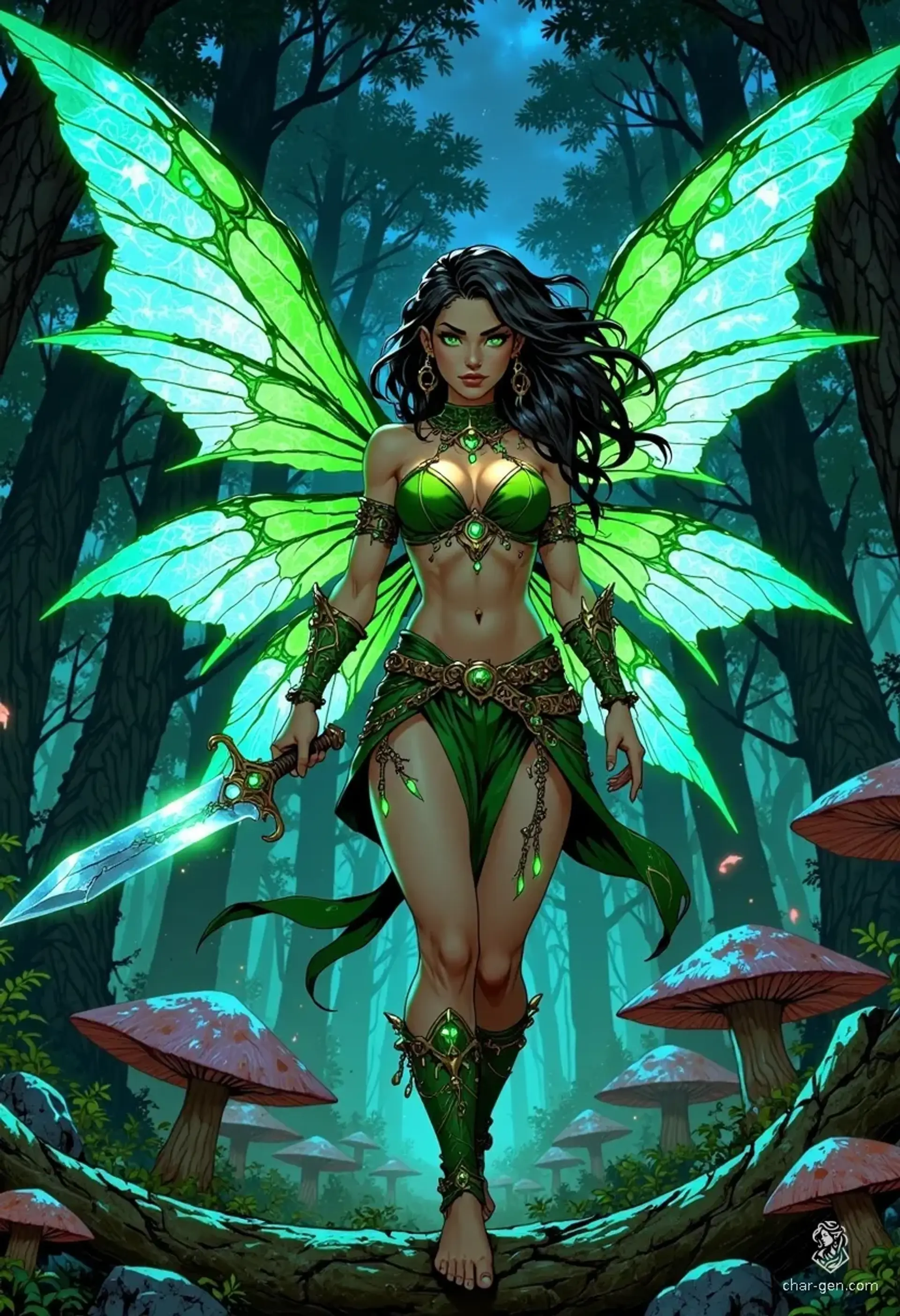 Meet Lirael, a captivating sprite with glittering wings and emerald eyes that sparkle with mischief. Her ethereal beauty is accentuated by enchanting silks and delicate gold filigree. Playful yet dangerous, she navigates the twilight glades, armed with a moonstone dagger and a flirtatious grin, embodying allure and enchantment.
