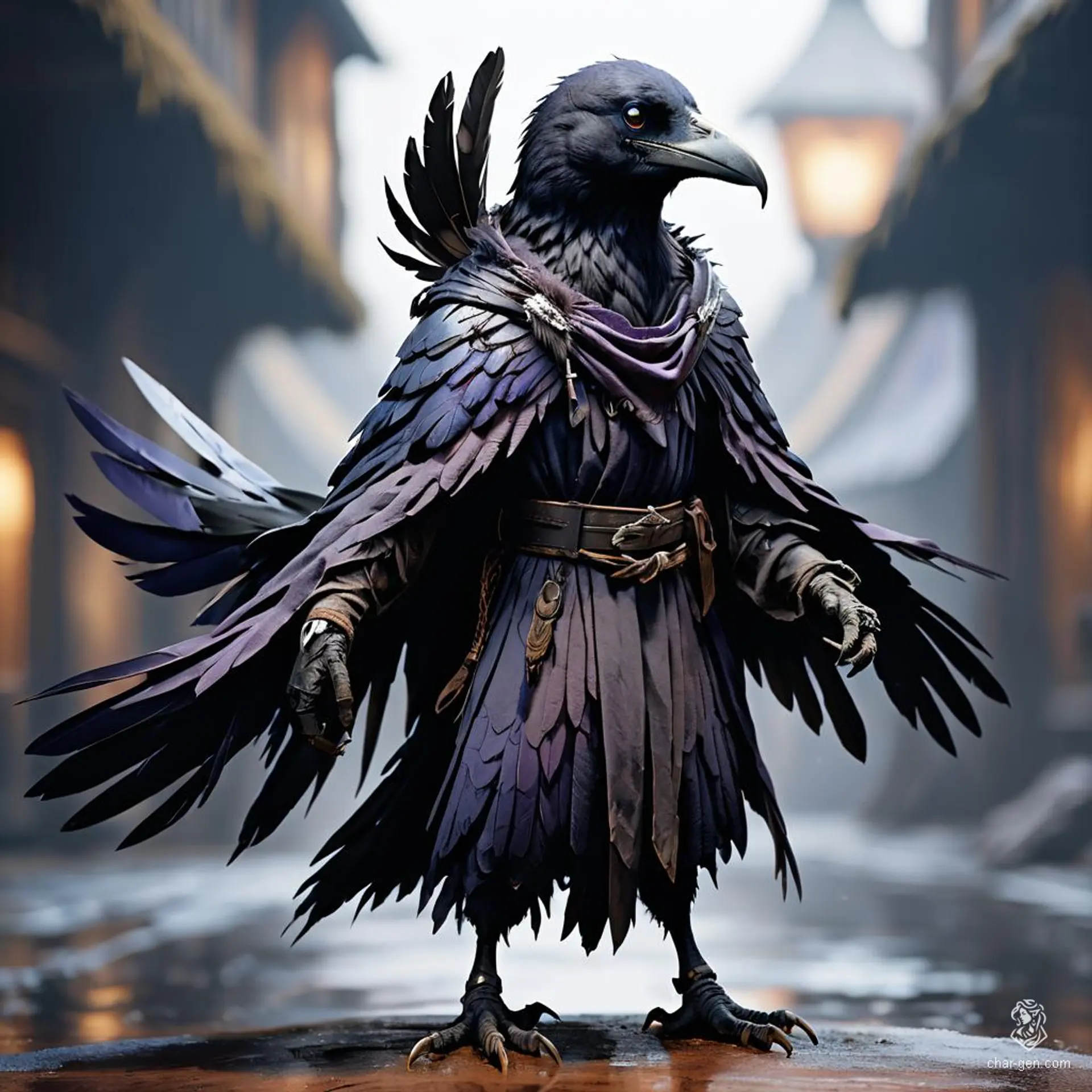 Bird, a male Kenku druid standing 5'0" with jet black eyes and iridescent feathers, is a wise master of poisonous mushrooms and fungi. Raised in nature, he communicates with a mushroom god and wields a quarterstaff and protective shield. A monk's rescue in his past shapes his journey to spread fungal influence.