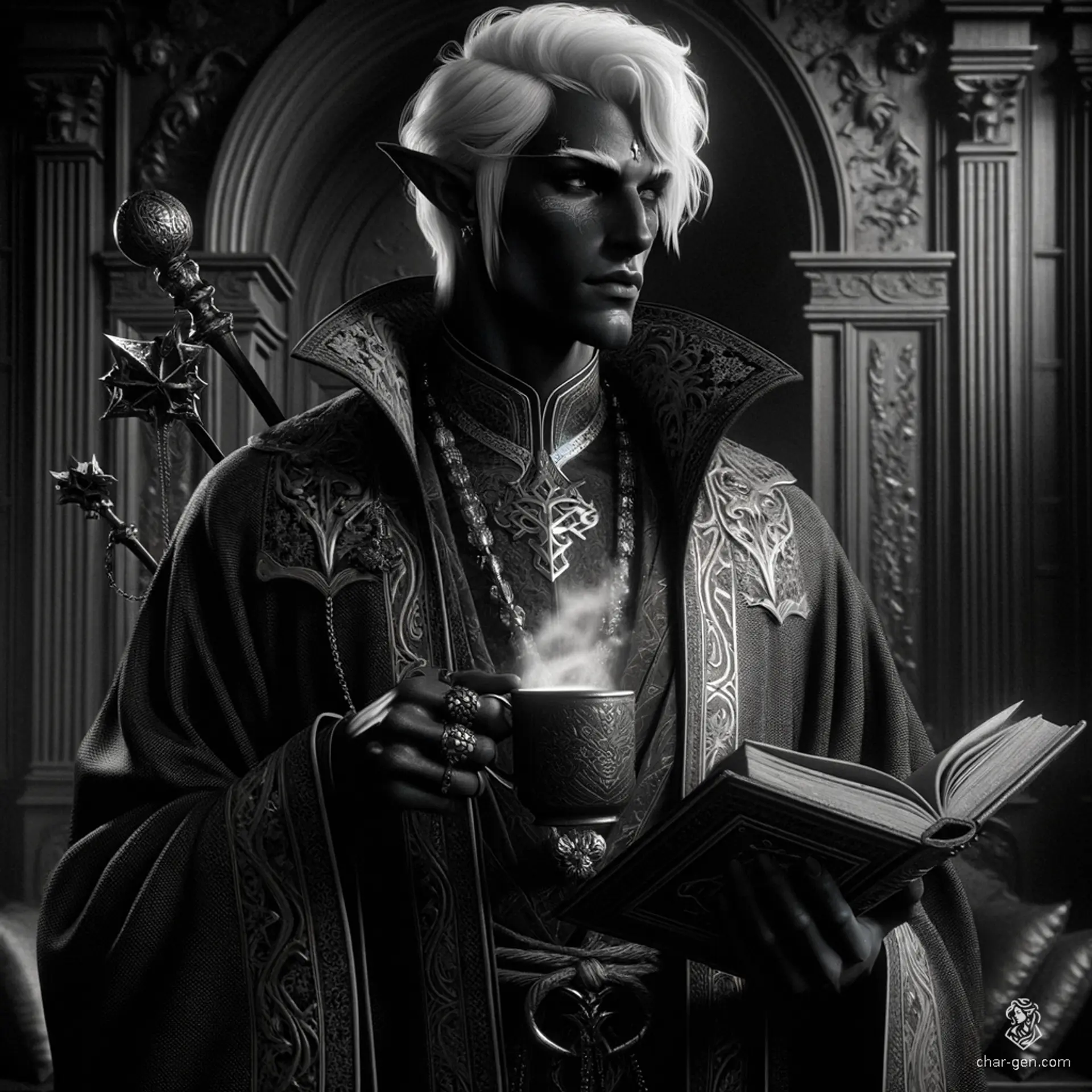 A very dark-skinned male half-drow with bright white hair, intricately curled, sits elegantly in arcane sigil-embroidered robes, sipping hot chocolate. This wizard, clutching an enchanted tome or staff, embodies a striking contrast between his dark skin and luminescent hair.