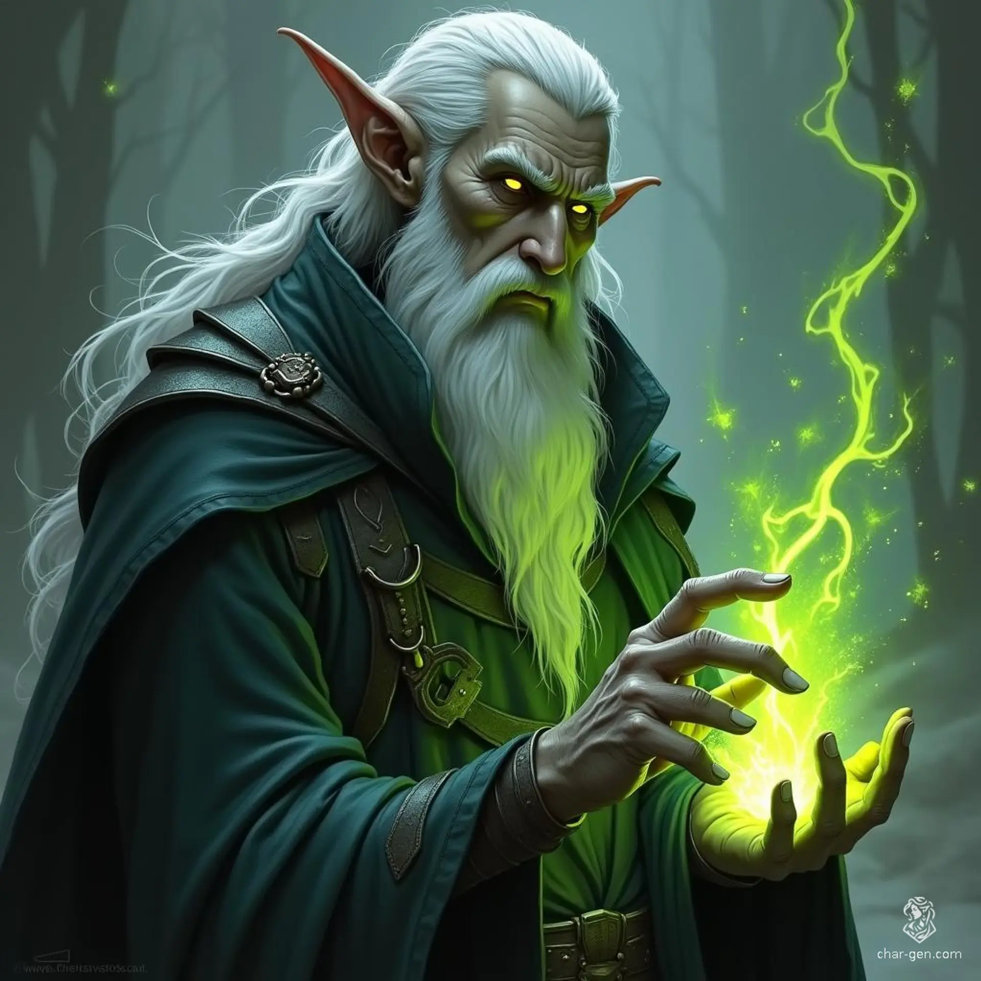 A sinister Drow sorcerer, his piercing yellow eyes glimmer like molten gold against his dark skin. Master of destructive magic, he weaves potent acid spells with expert precision, leaving a trail of corrosion in his wake. Silent and cunning, he thrives in shadows, striking fear in the hearts of his foes.
