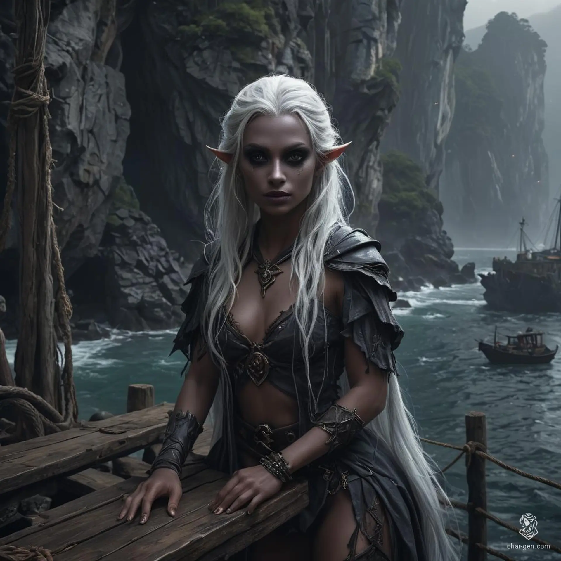An enigmatic dark elf with obsidian grey skin and striking white hair. A commanding presence from the shadows, this drow weaves through the night with lethal grace and ancient wisdom, embodying the mystique and danger of his kind.
