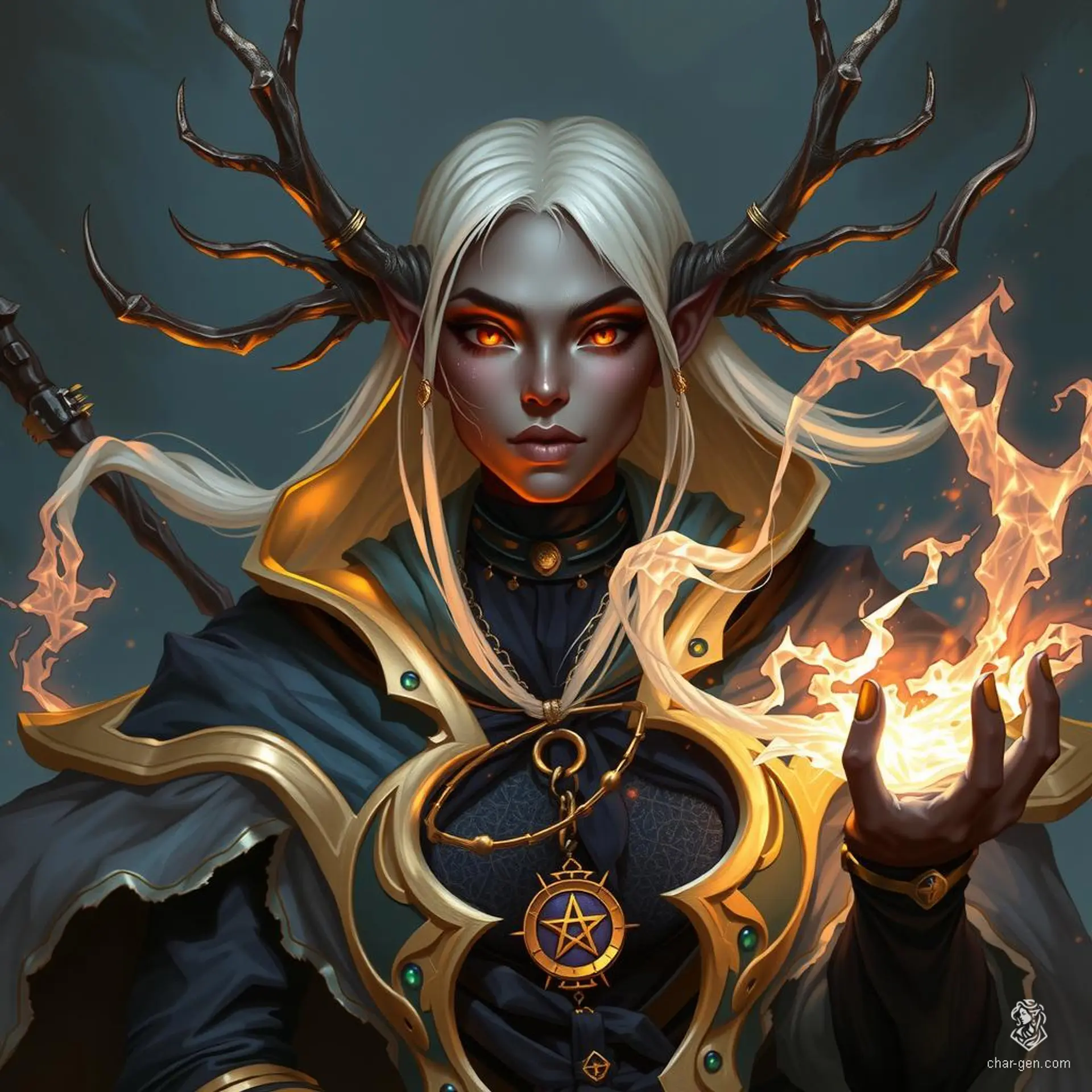 A black-skinned Drow sorceress with striking white hair, clad in enchanted garments adorned with arcane sigils, exudes a powerful magical aura. Her dark complexion and mystical attire accentuate her enigmatic and formidable presence, making her both captivating and intimidating.
