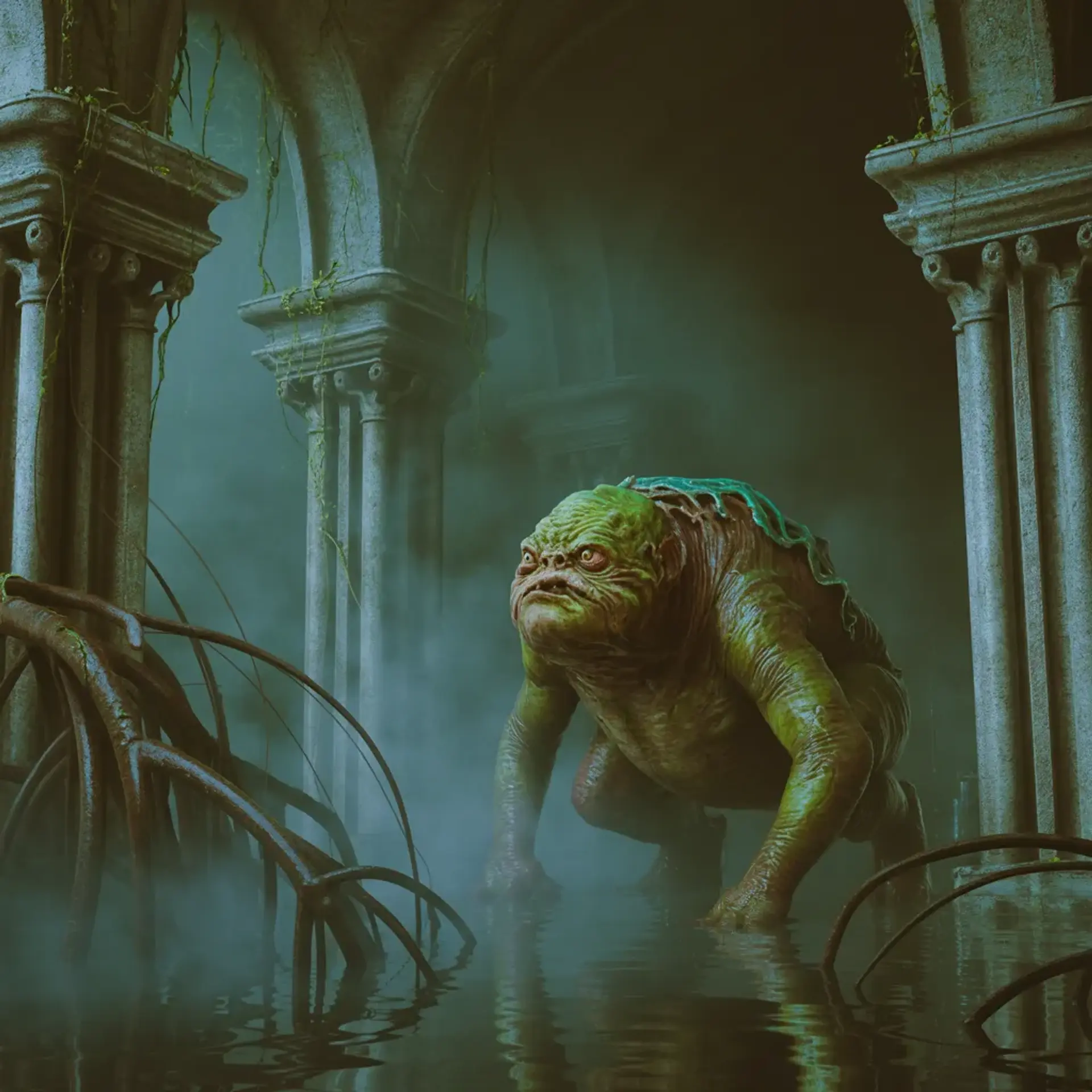A grotesque Bullywug lurks crouched in a dark, swampy bog amidst twisted mangrove roots and creeping mist. Bathed in eerie greenish-blue bioluminescence, this hyper-realistic creature exudes menace within desaturated blood reds and baroque cathedral ruins, evoking dread in a haunting fantasy horror scene.