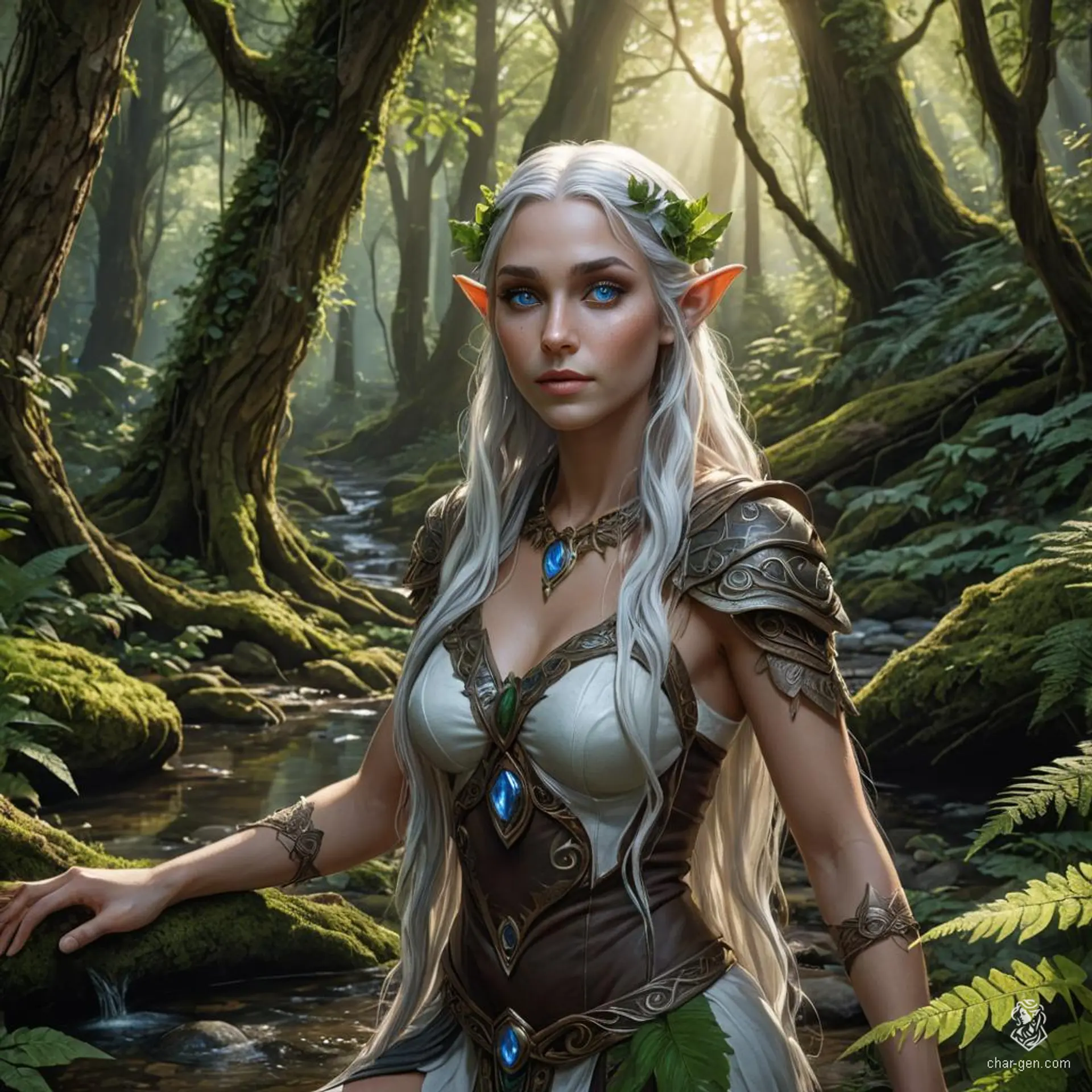 A female elf druid adorned with dark black skin, her long white hair cascading like a waterfall, and piercing blue eyes. She commands the earthy elements and is never seen without her faithful animal companions.